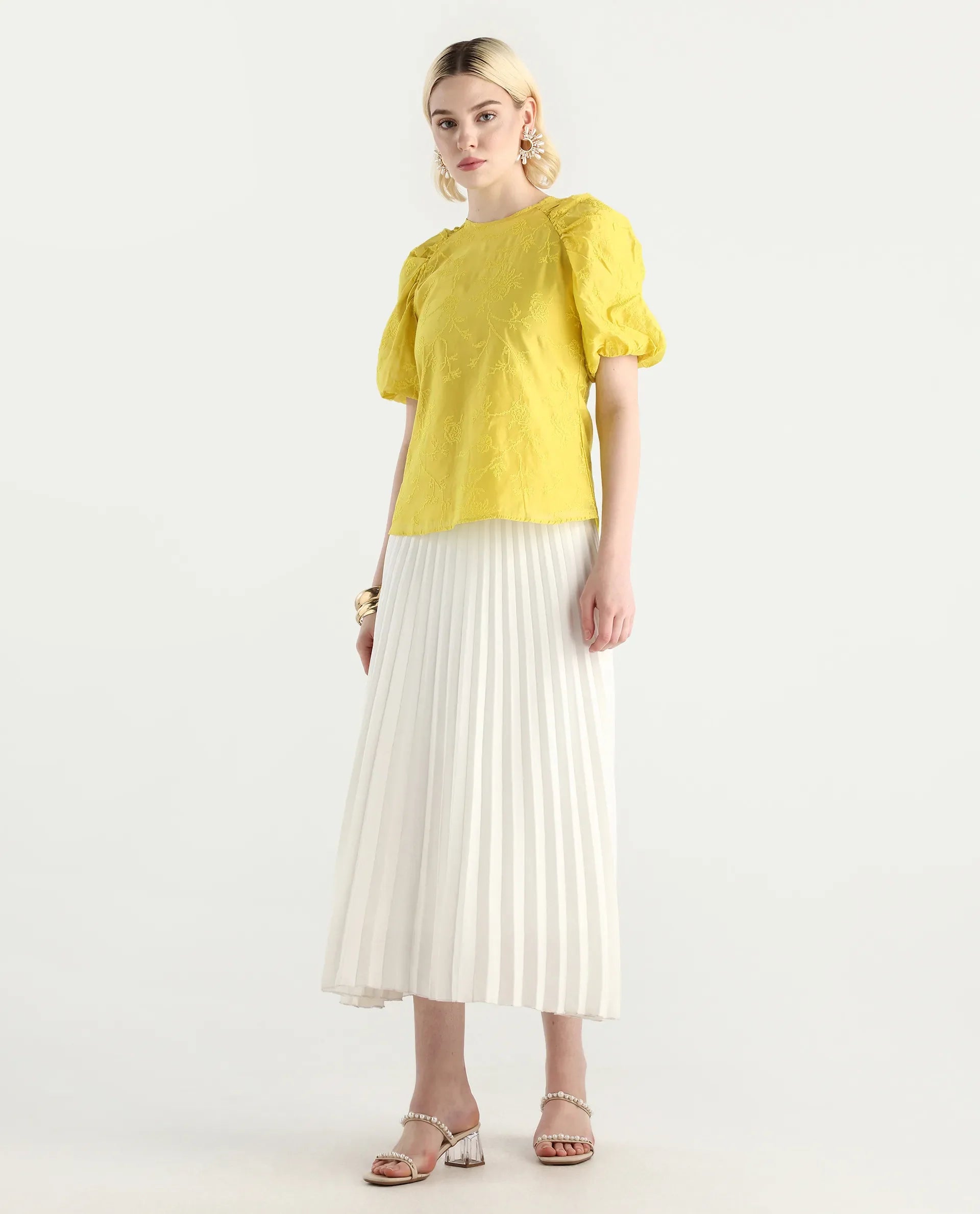 Rareism Women's Prebo Green Viscose Blend Mandarin Collar Plain Balloon Sleeve Regular Fit Top