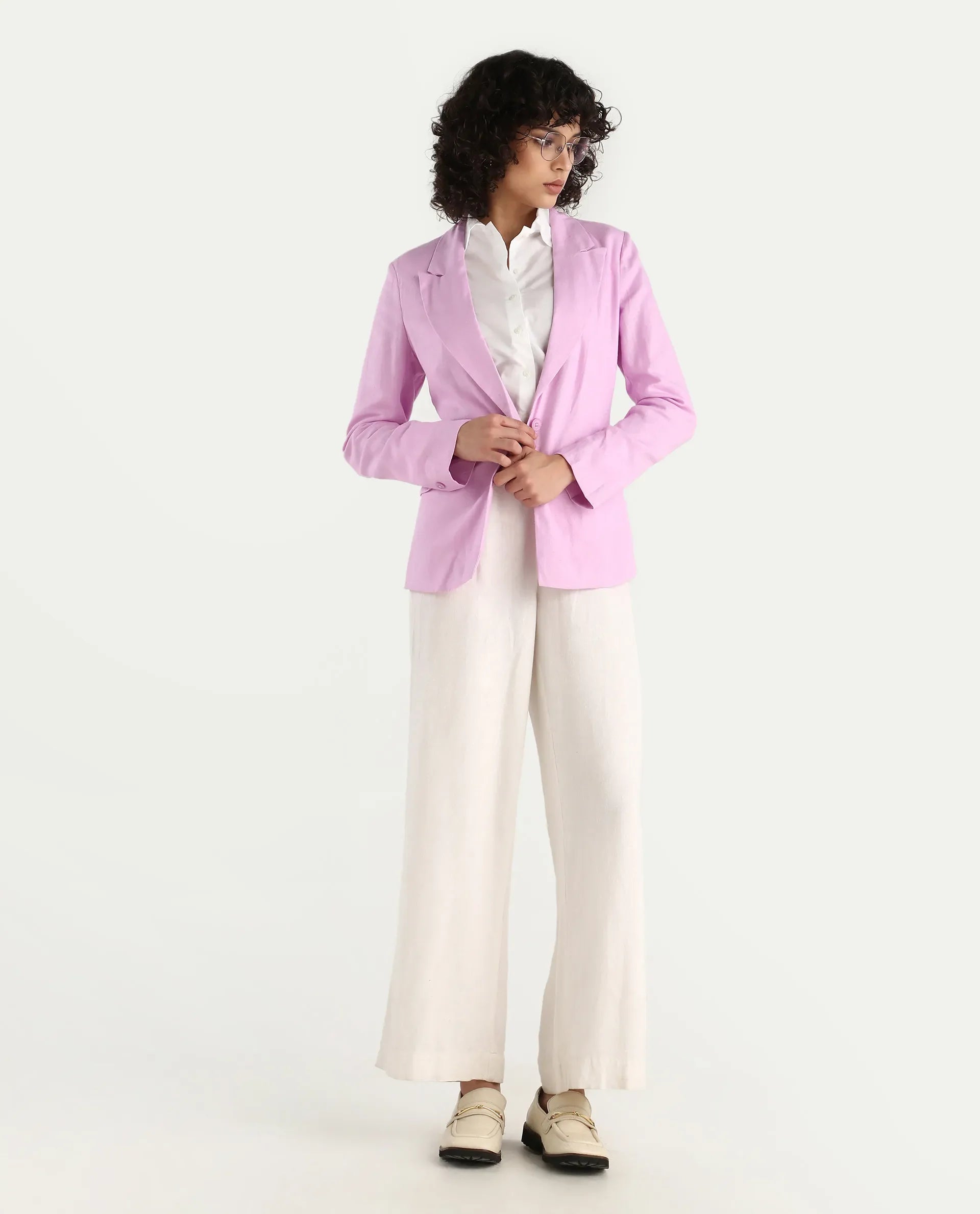 Rareism Women's Precy Pink Linen Lapel Neck Plain Regular Fit Blazer