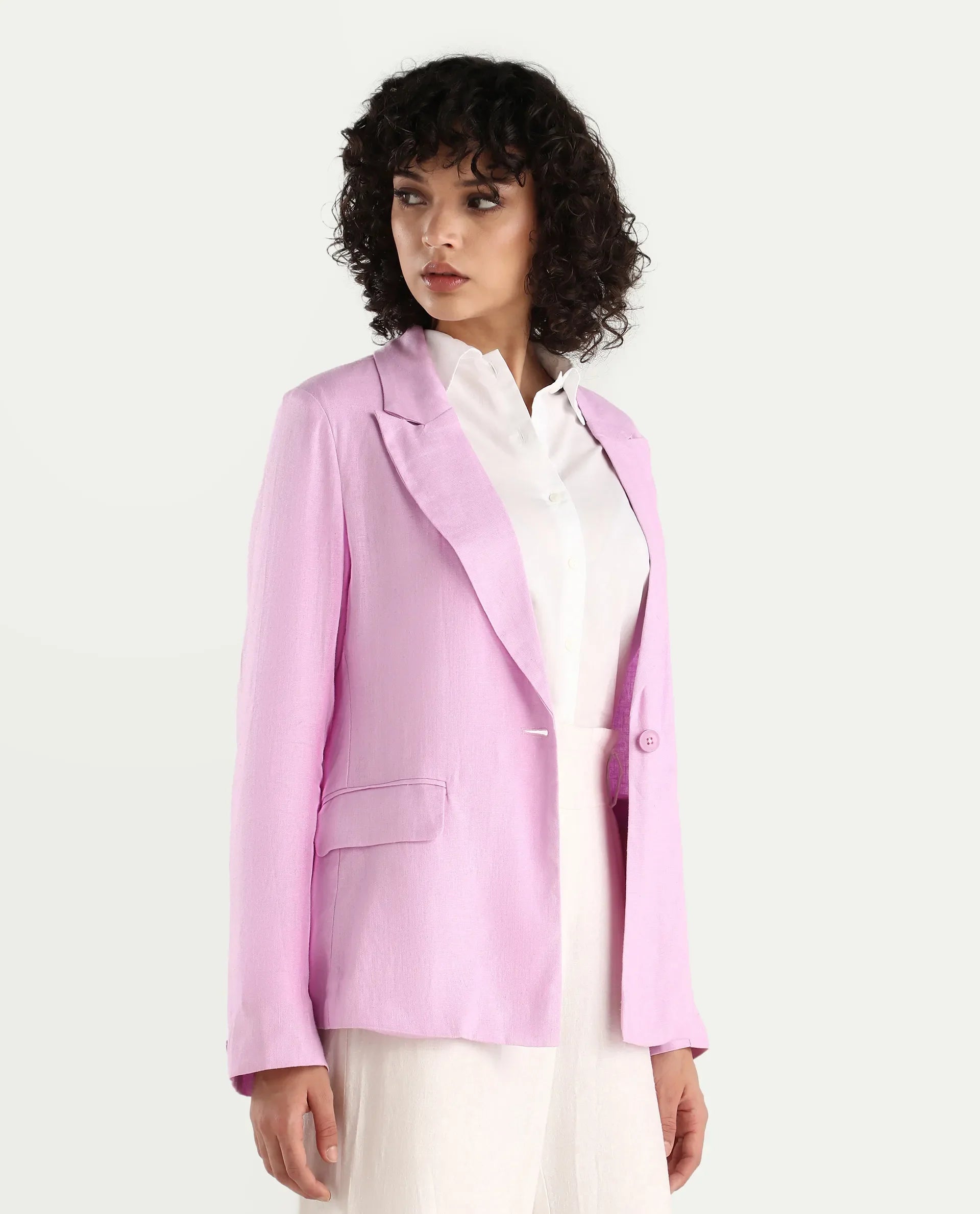 Rareism Women's Precy Pink Linen Lapel Neck Plain Regular Fit Blazer