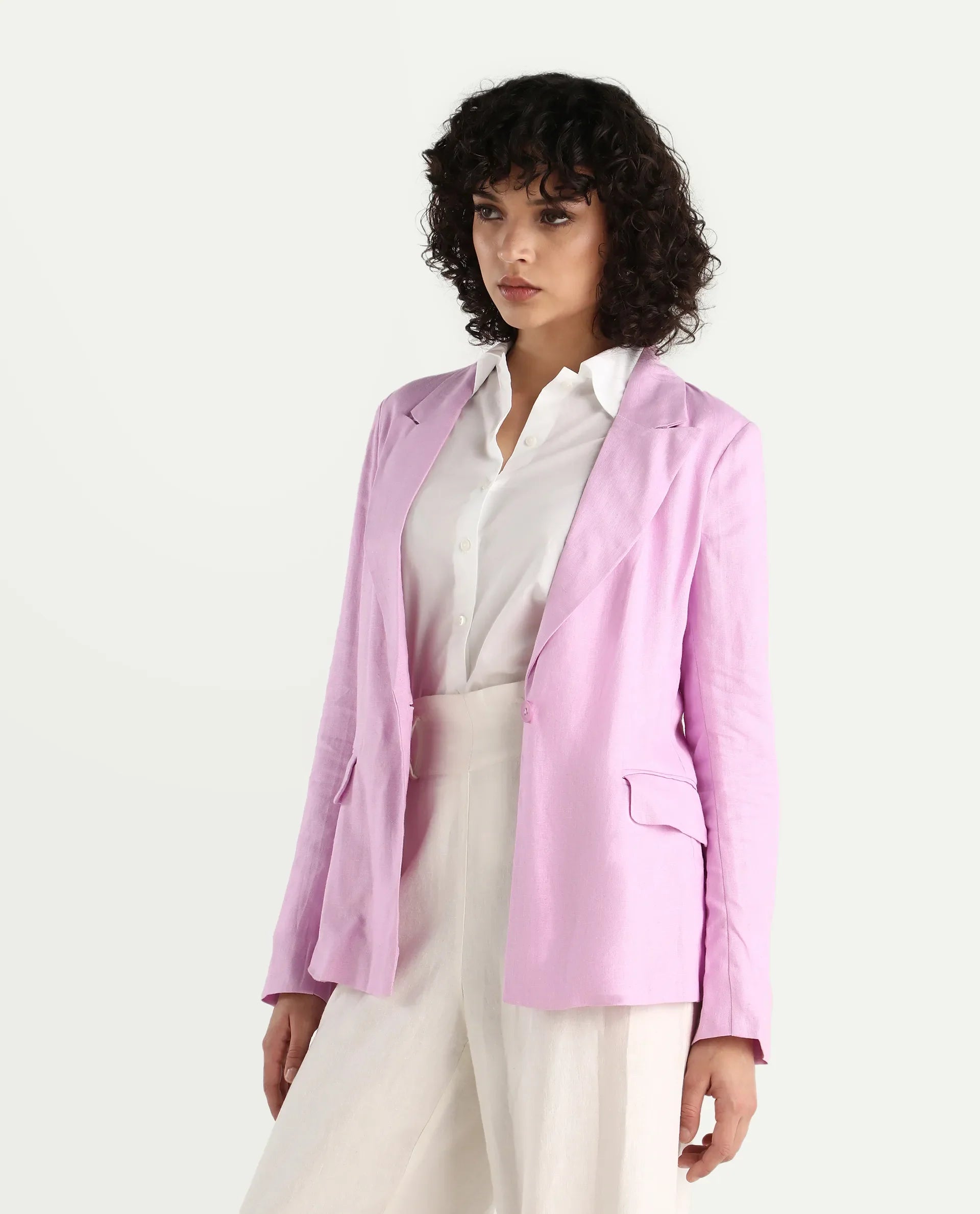 Rareism Women's Precy Pink Linen Lapel Neck Plain Regular Fit Blazer
