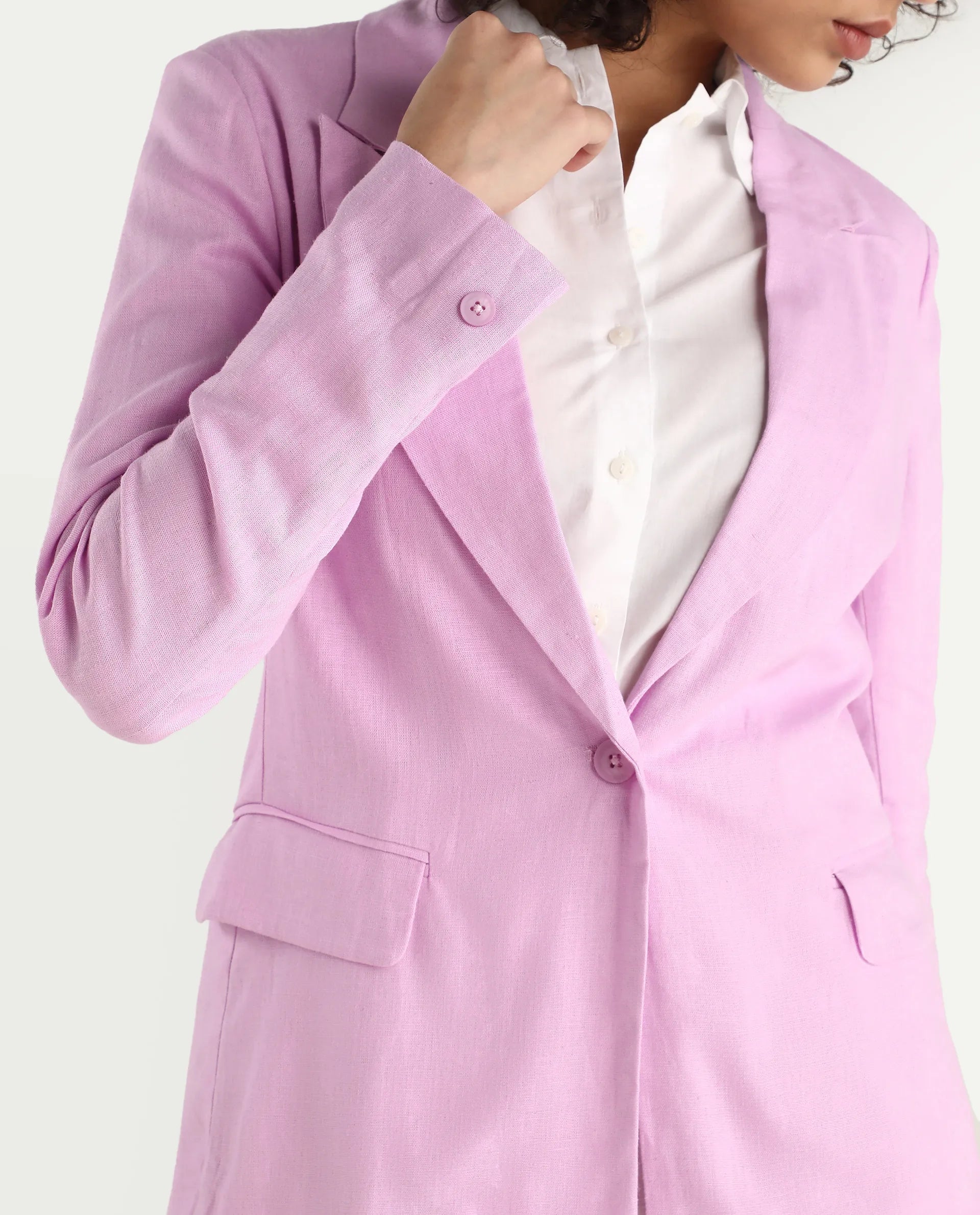 Rareism Women's Precy Pink Linen Lapel Neck Plain Regular Fit Blazer