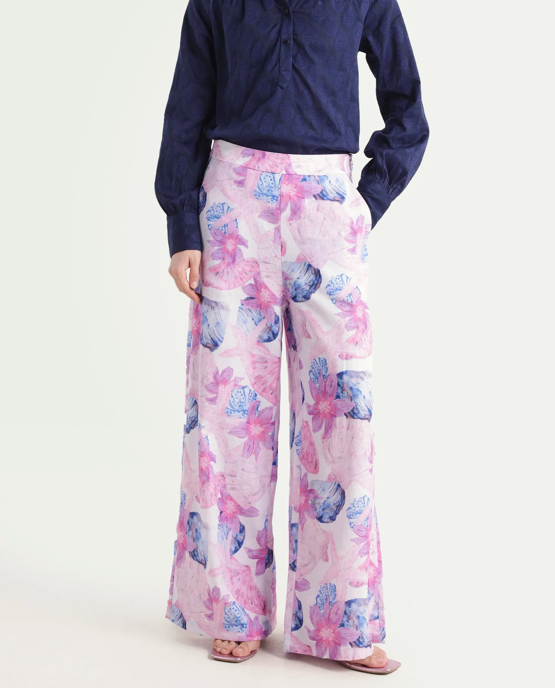 Rareism Women's Predin B Multi Polyester Abstract Print Ankle Length Wide Trouser