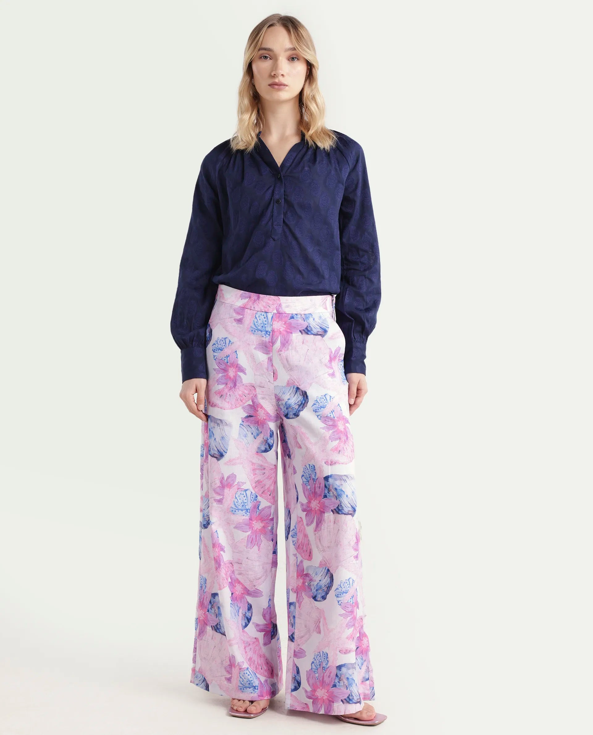 Rareism Women's Predin B Multi Polyester Abstract Print Ankle Length Wide Trouser