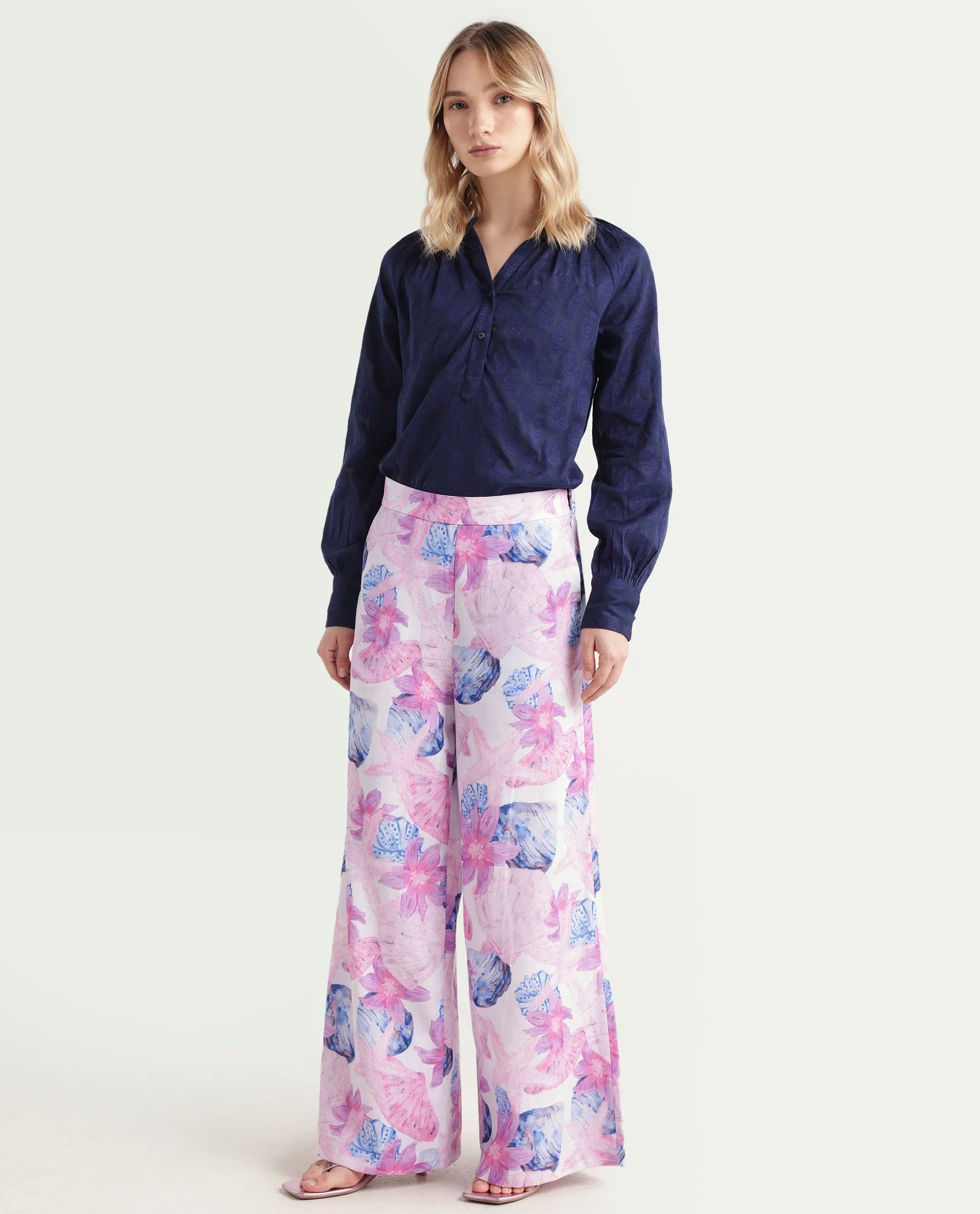 Rareism Women's Predin B Multi Polyester Abstract Print Ankle Length Wide Trouser