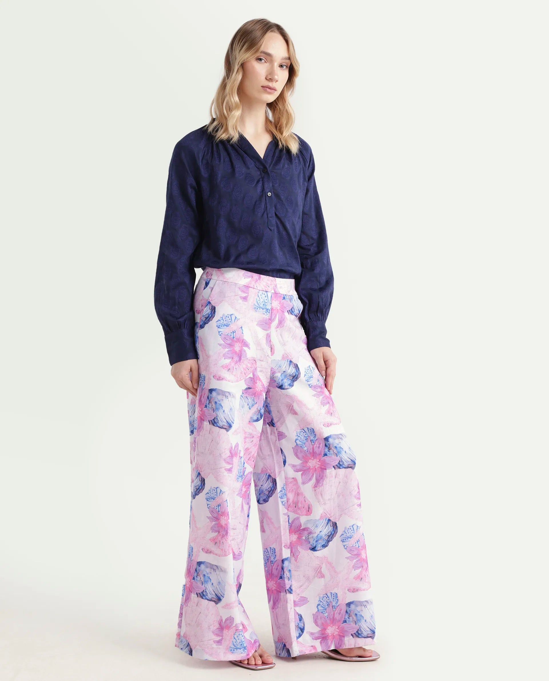 Rareism Women's Predin B Multi Polyester Abstract Print Ankle Length Wide Trouser