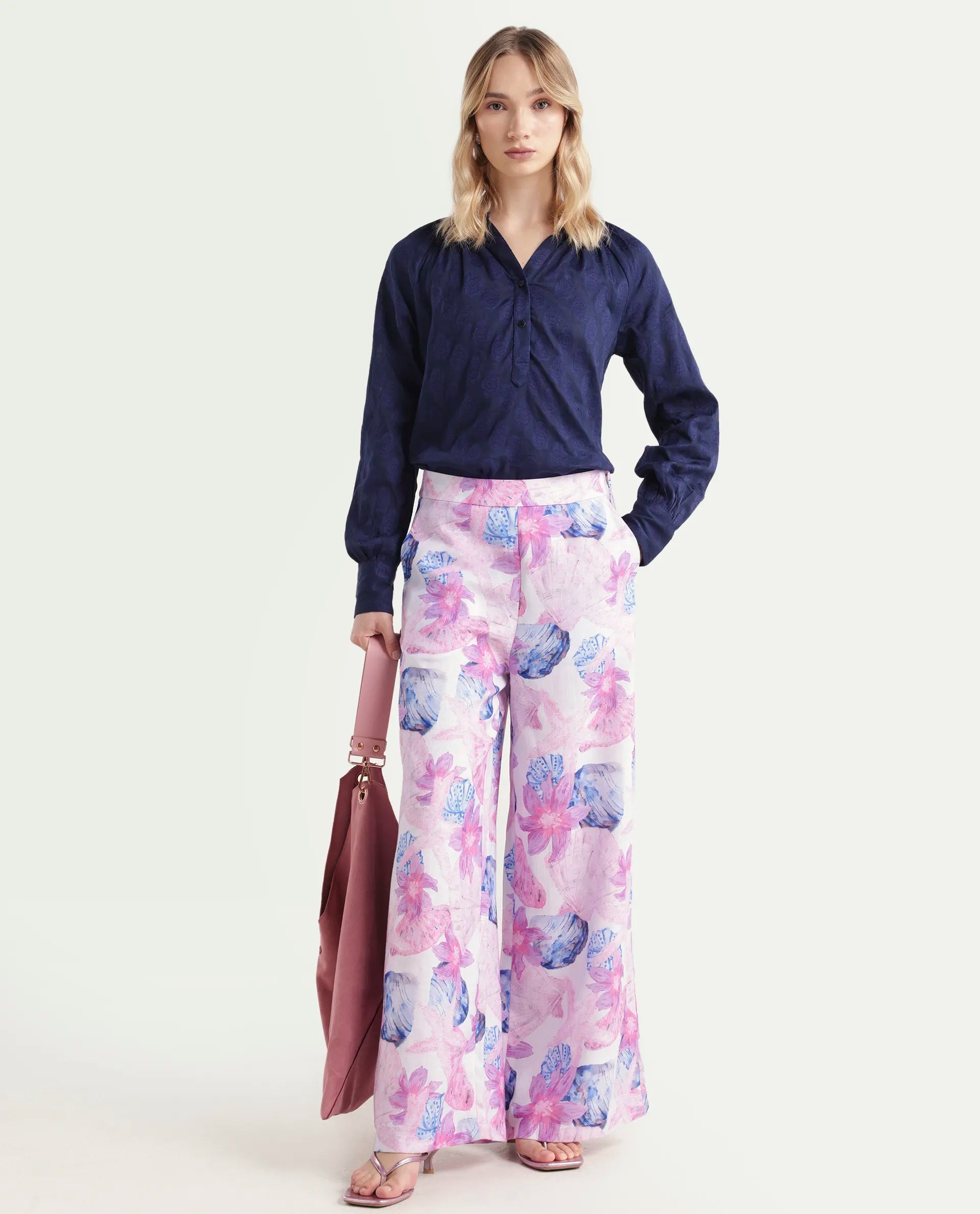 Rareism Women's Predin B Multi Polyester Abstract Print Ankle Length Wide Trouser