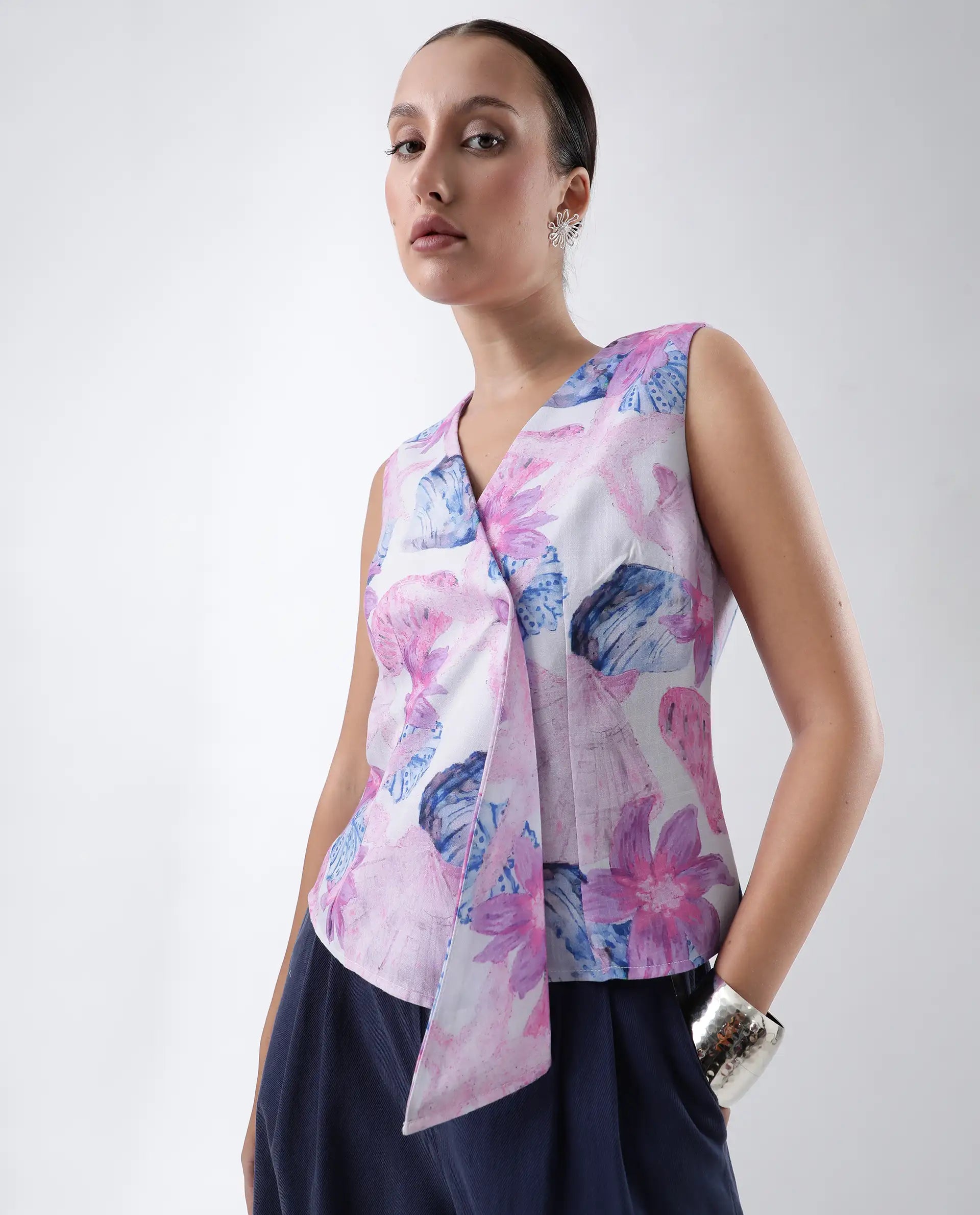 Rareism Women's Predin-T Multi Polyester Overlap Neck Abstract Print Sleeveless Regular Fit Top