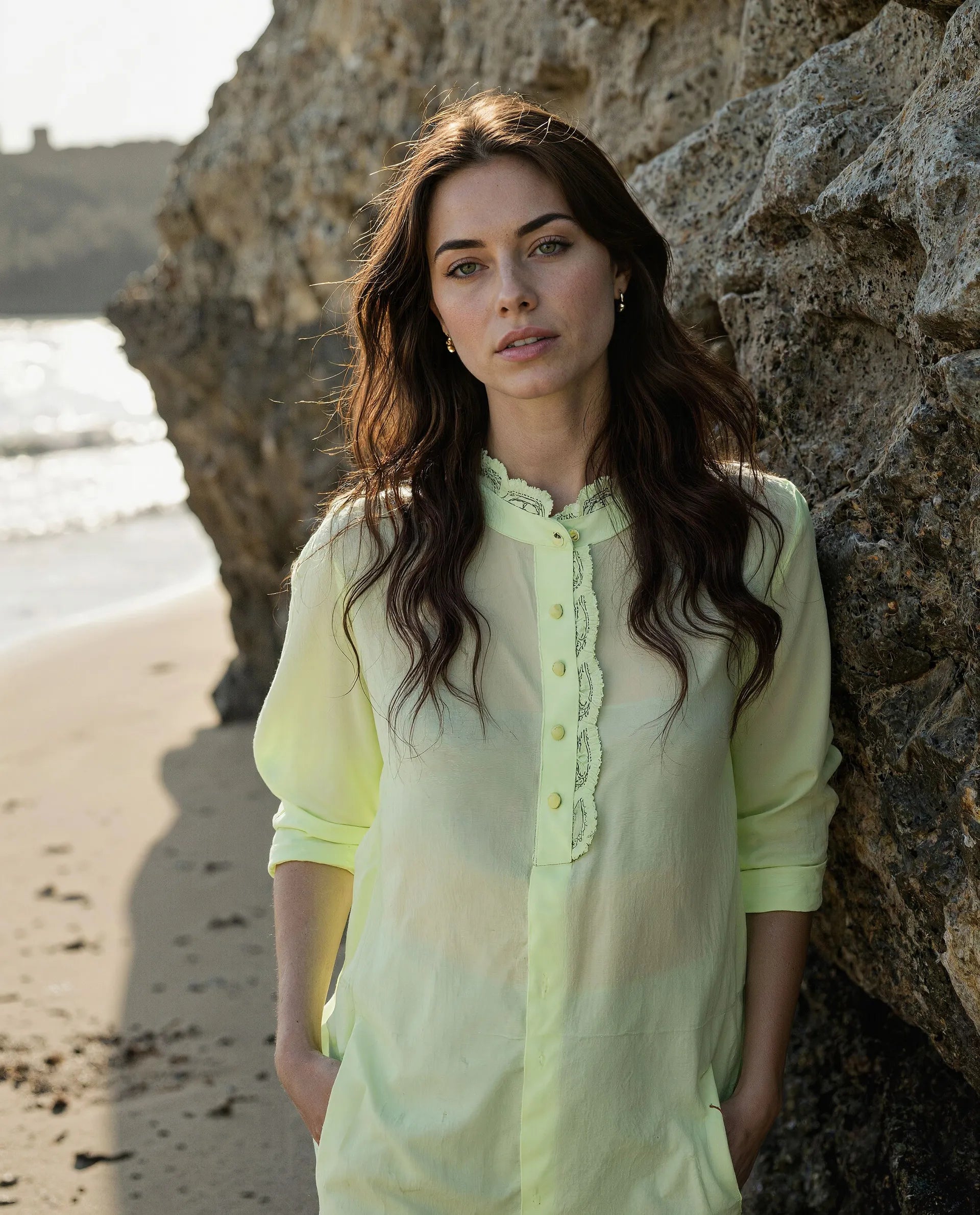 Rareism Women's Prefeck Green Viscose Blend Mandarin Collar Plain Cuffed Sleeve Regular Fit Top