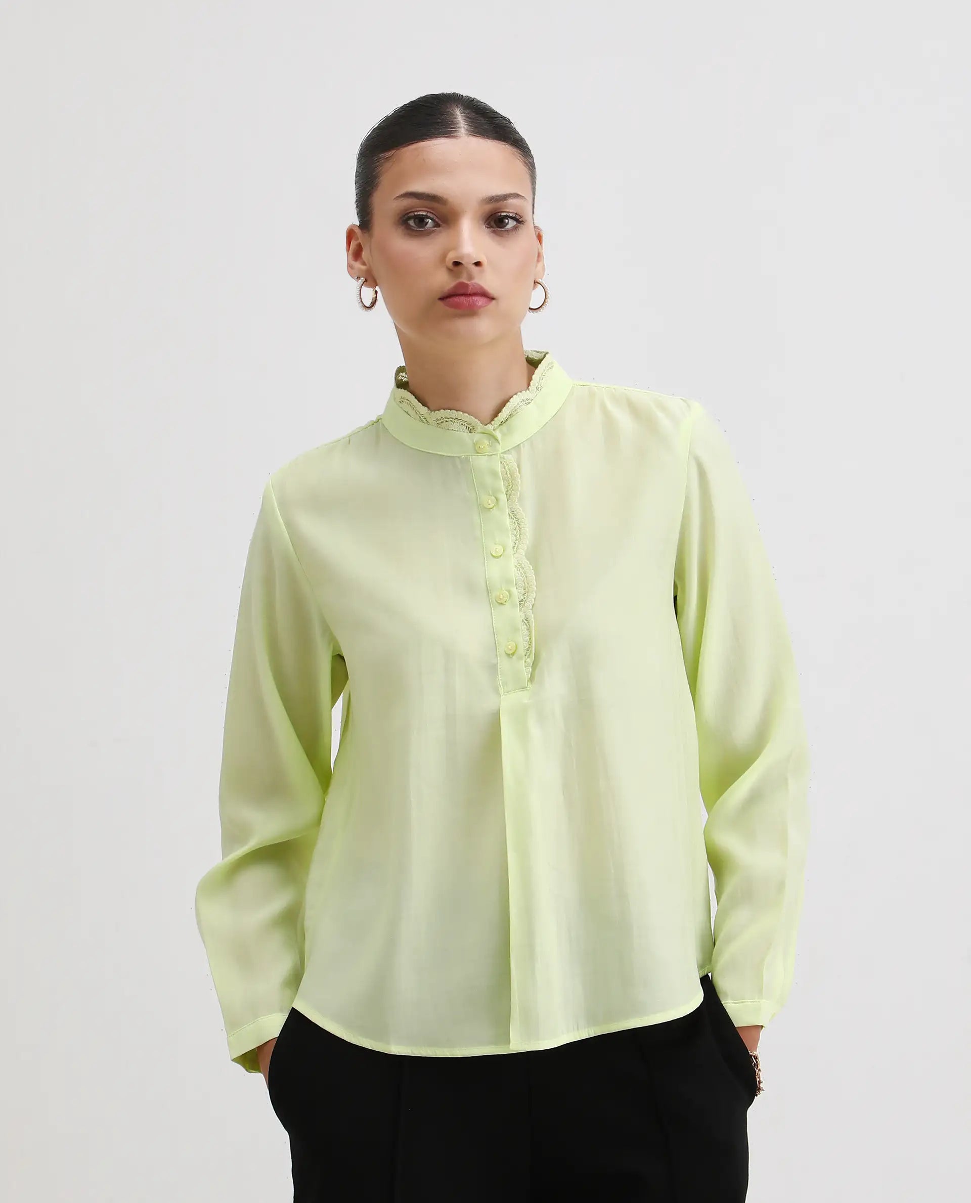 Rareism Women's Prefeck Green Viscose Blend Mandarin Collar Plain Cuffed Sleeve Regular Fit Top