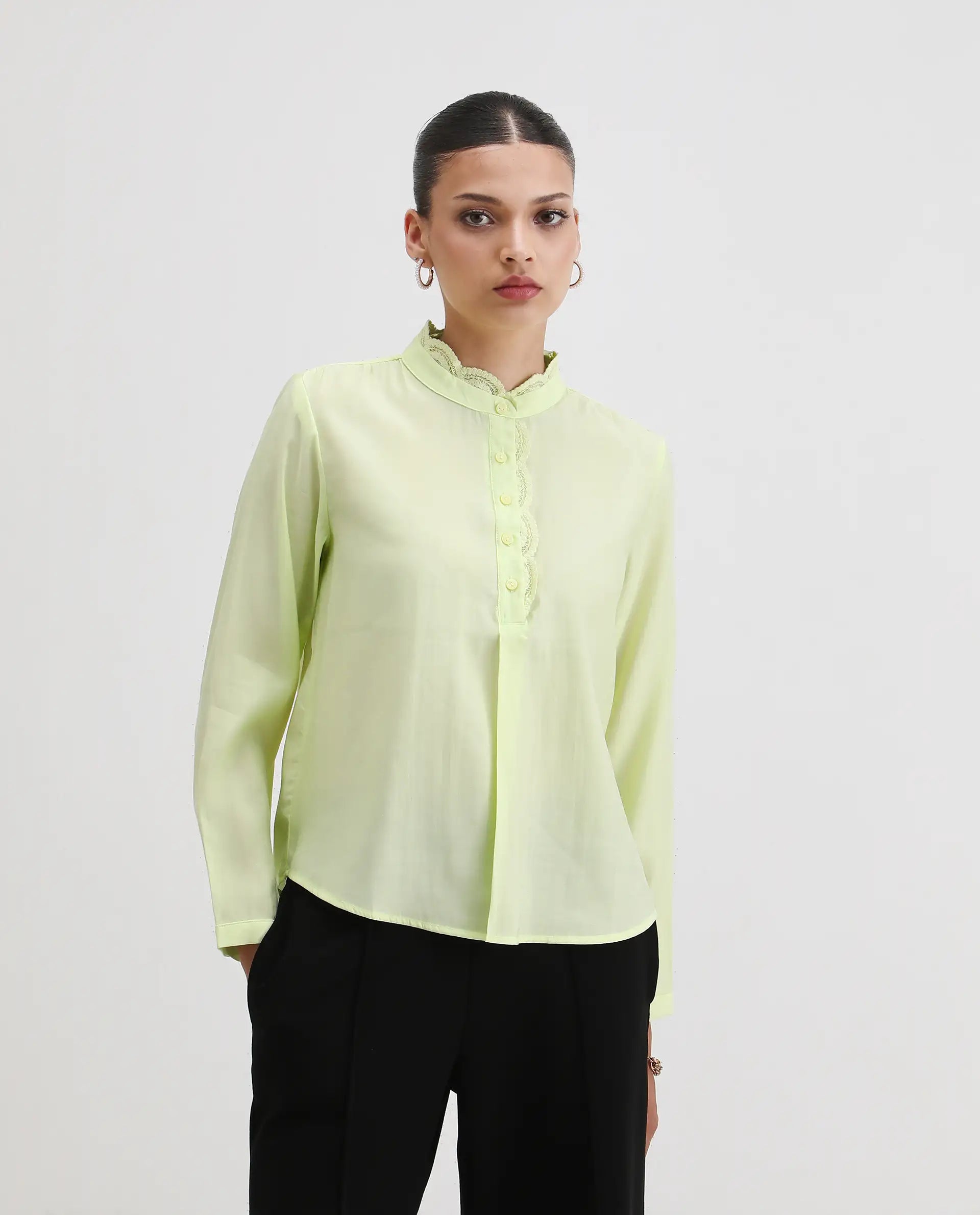 Rareism Women's Prefeck Green Viscose Blend Mandarin Collar Plain Cuffed Sleeve Regular Fit Top