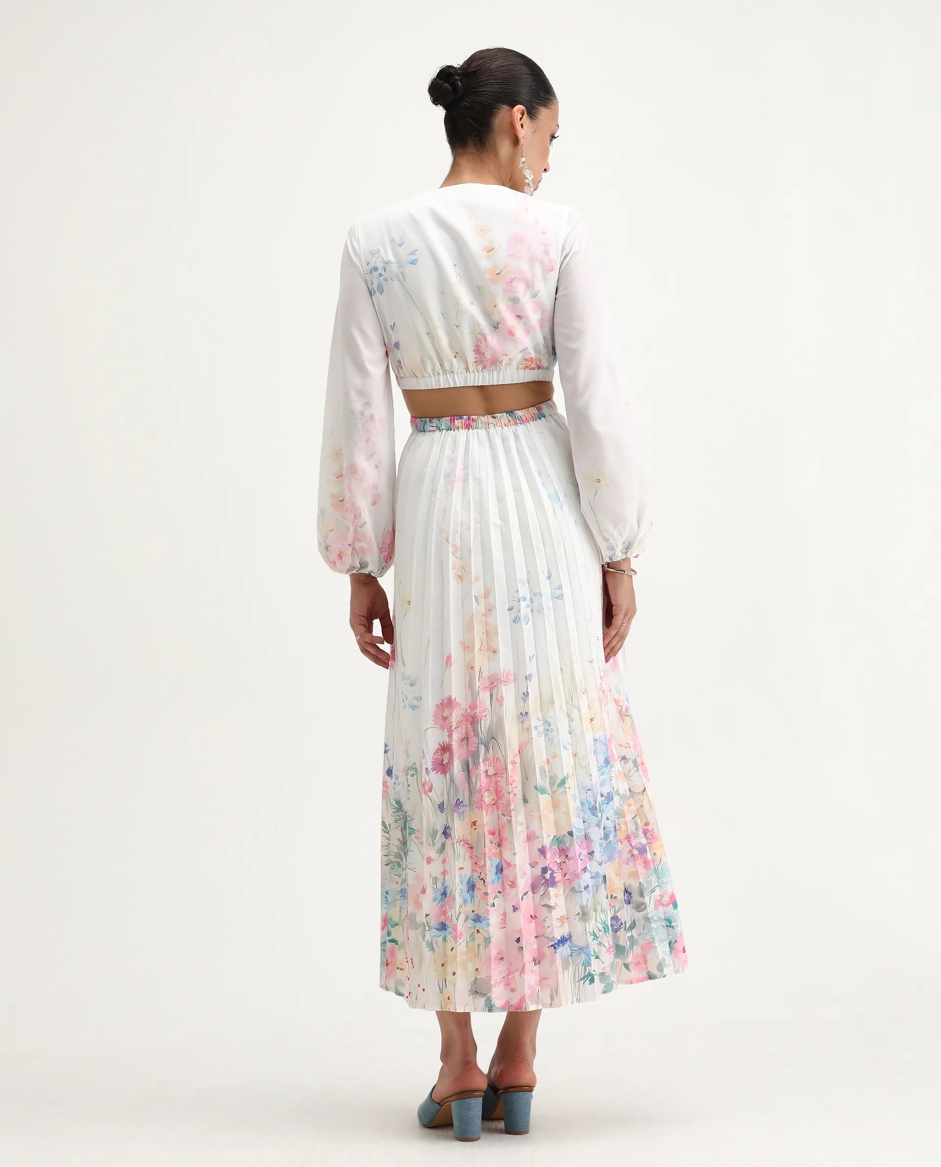 Rareism Women's Preger Multi Polyester V-Neck Floral Print Midi Fit And Flare Dress