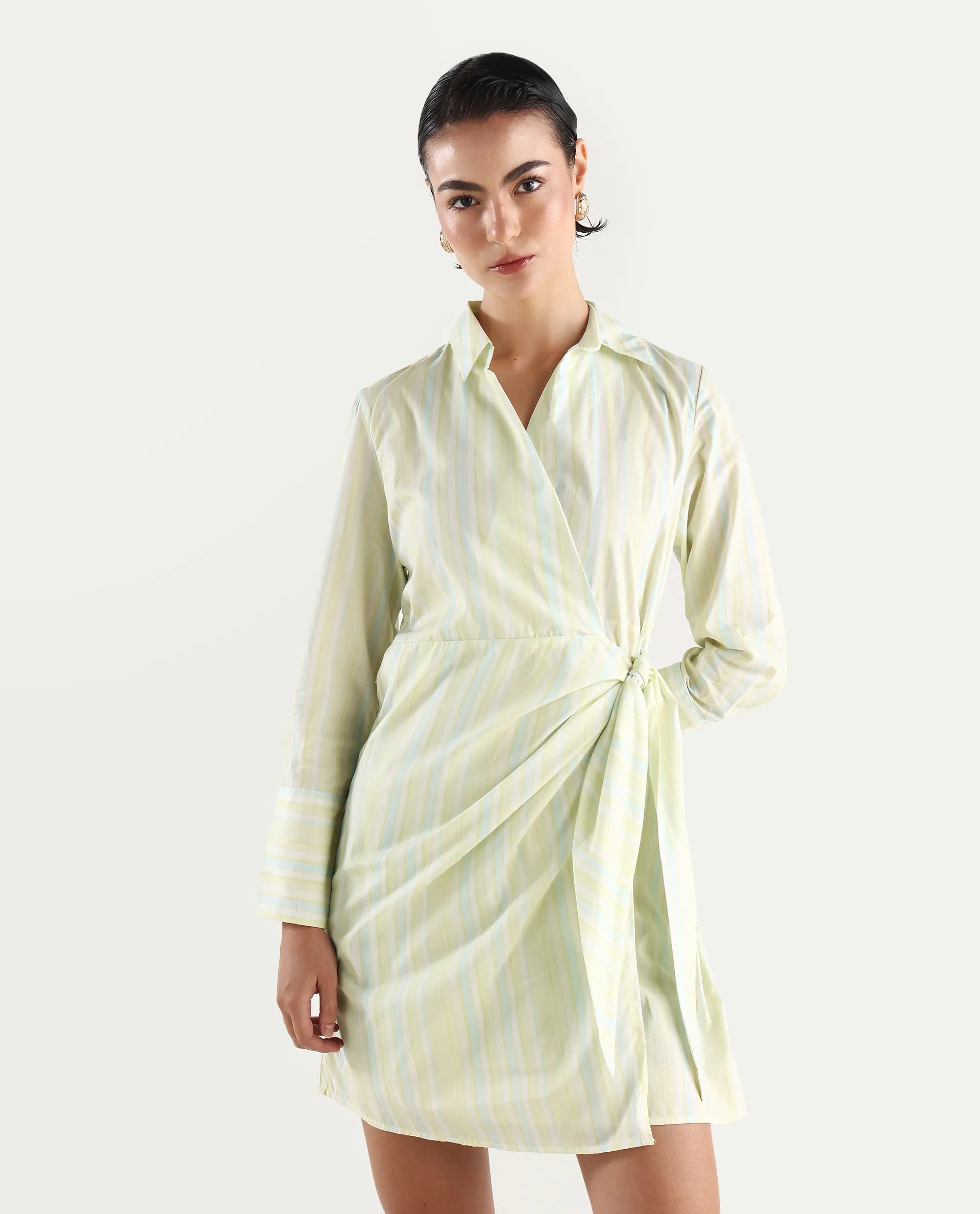 Rareism Women's Pregun Multi Cotton Johnny Collar Striped Mini Straight Fit Dress