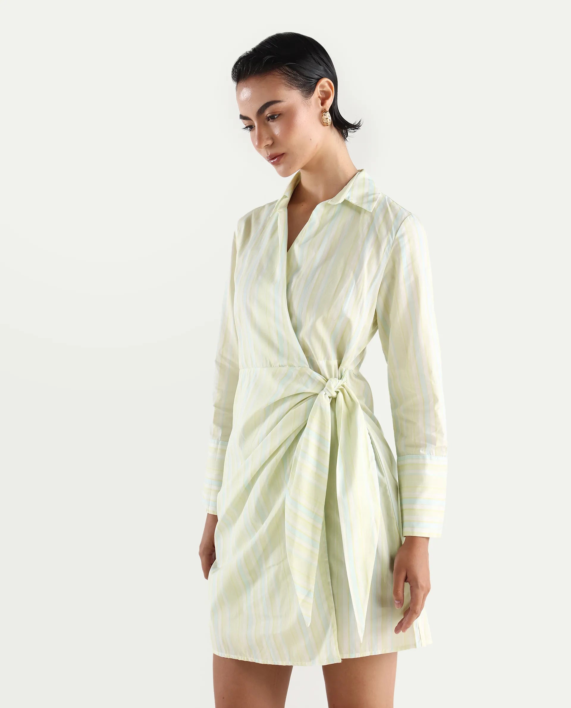 Rareism Women's Pregun Multi Cotton Johnny Collar Striped Mini Straight Fit Dress