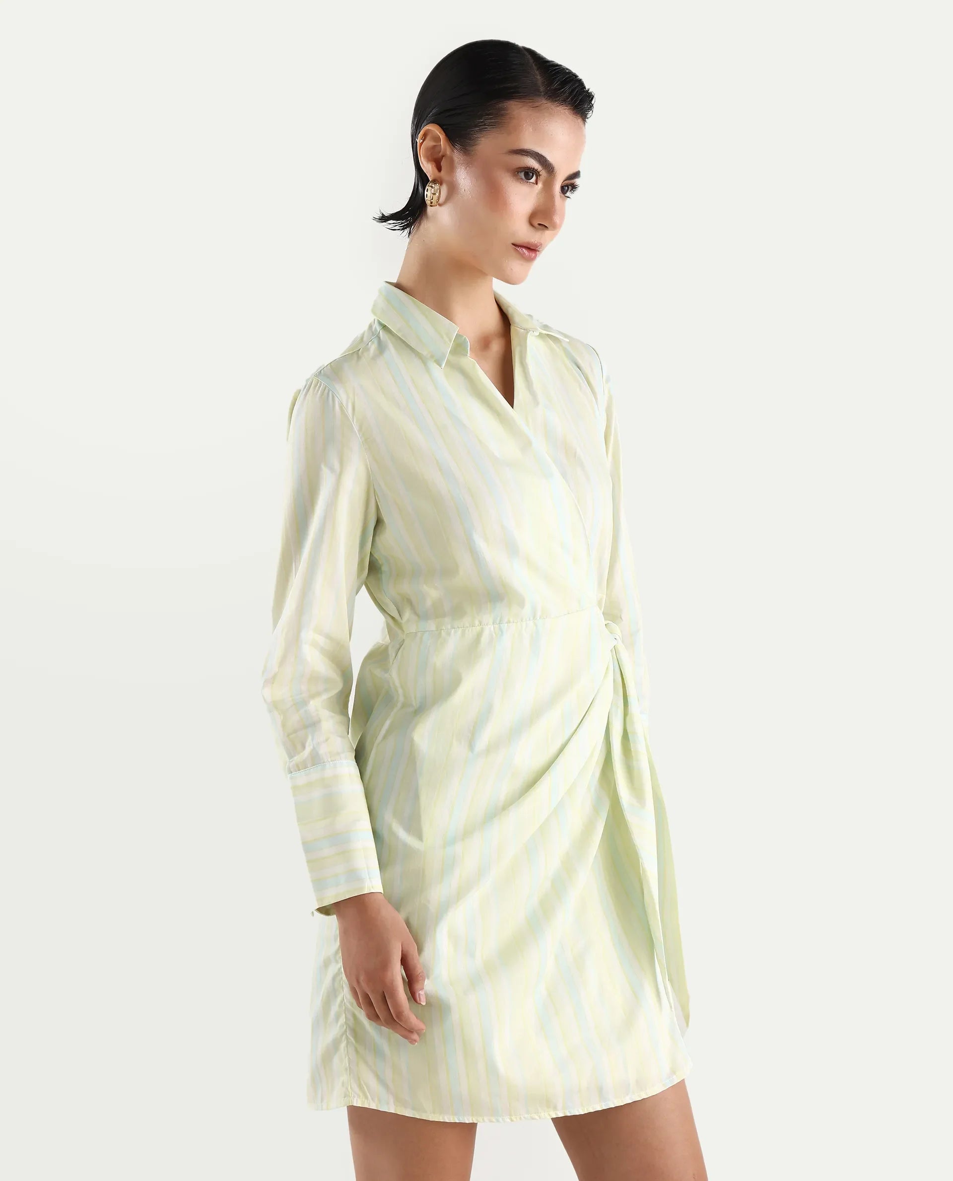 Rareism Women's Pregun Multi Cotton Johnny Collar Striped Mini Straight Fit Dress