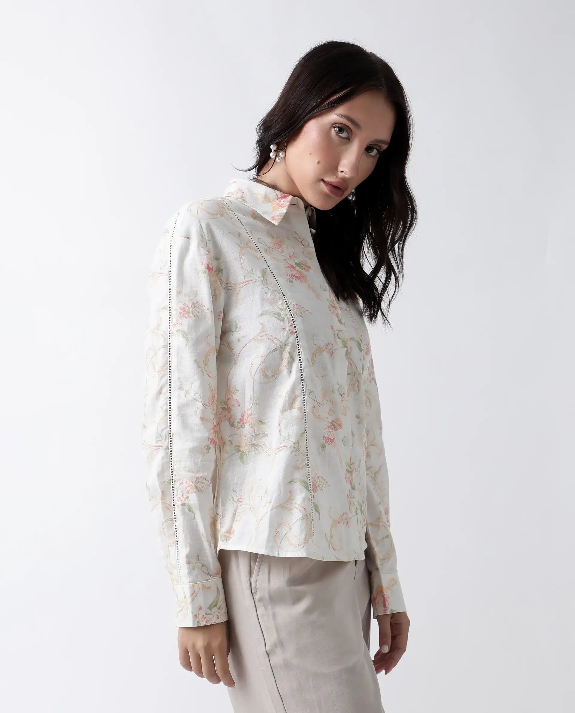 Rareism Women's Prejol Multi Cotton Spread Collar Floral Print Cuffed Sleeve Regular Fit Shirt