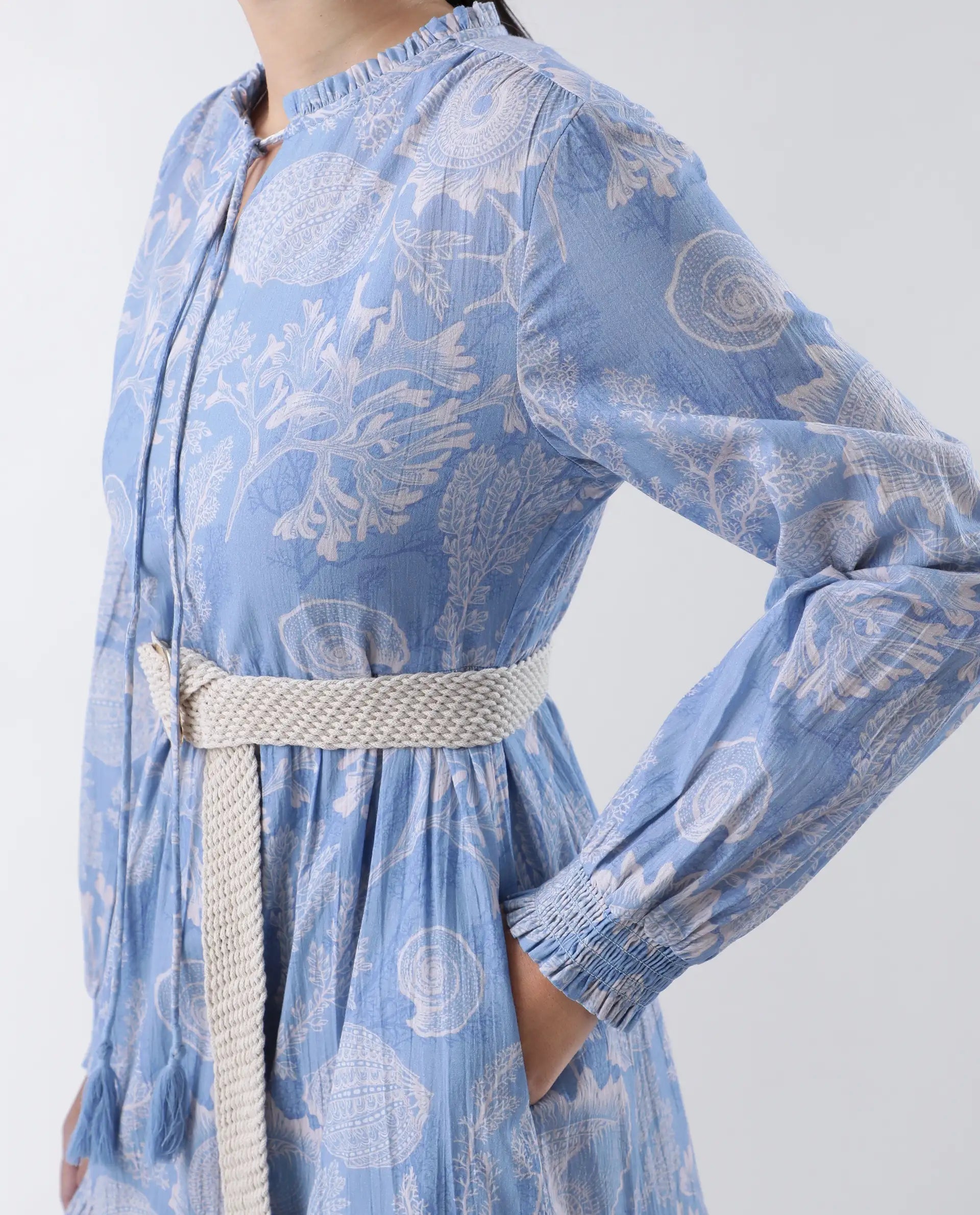 Rareism Women's Prek Purple Cotton Tie-Up Neck Abstract Print Maxi Tiered Dress