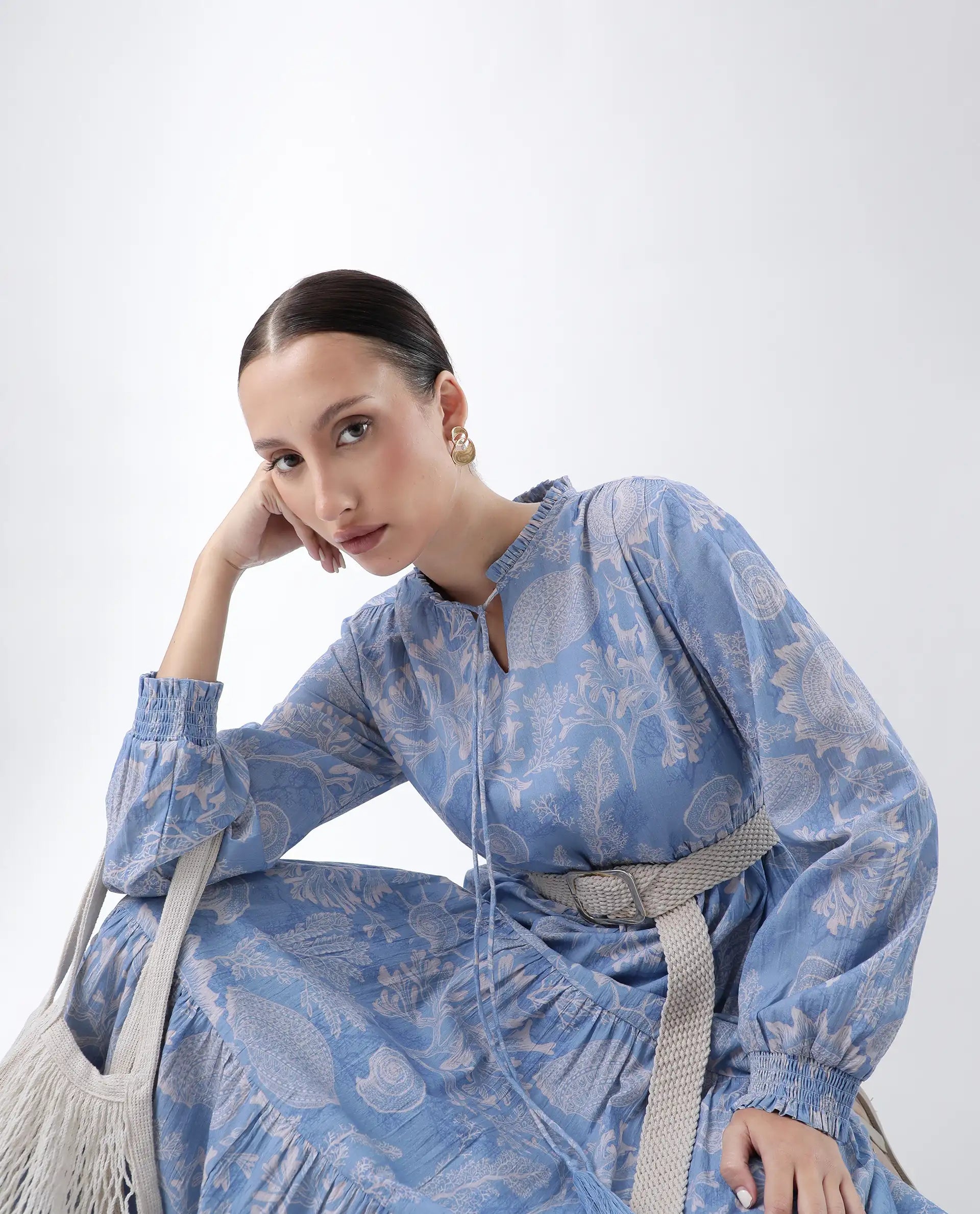 Rareism Women's Prek Purple Cotton Tie-Up Neck Abstract Print Maxi Tiered Dress