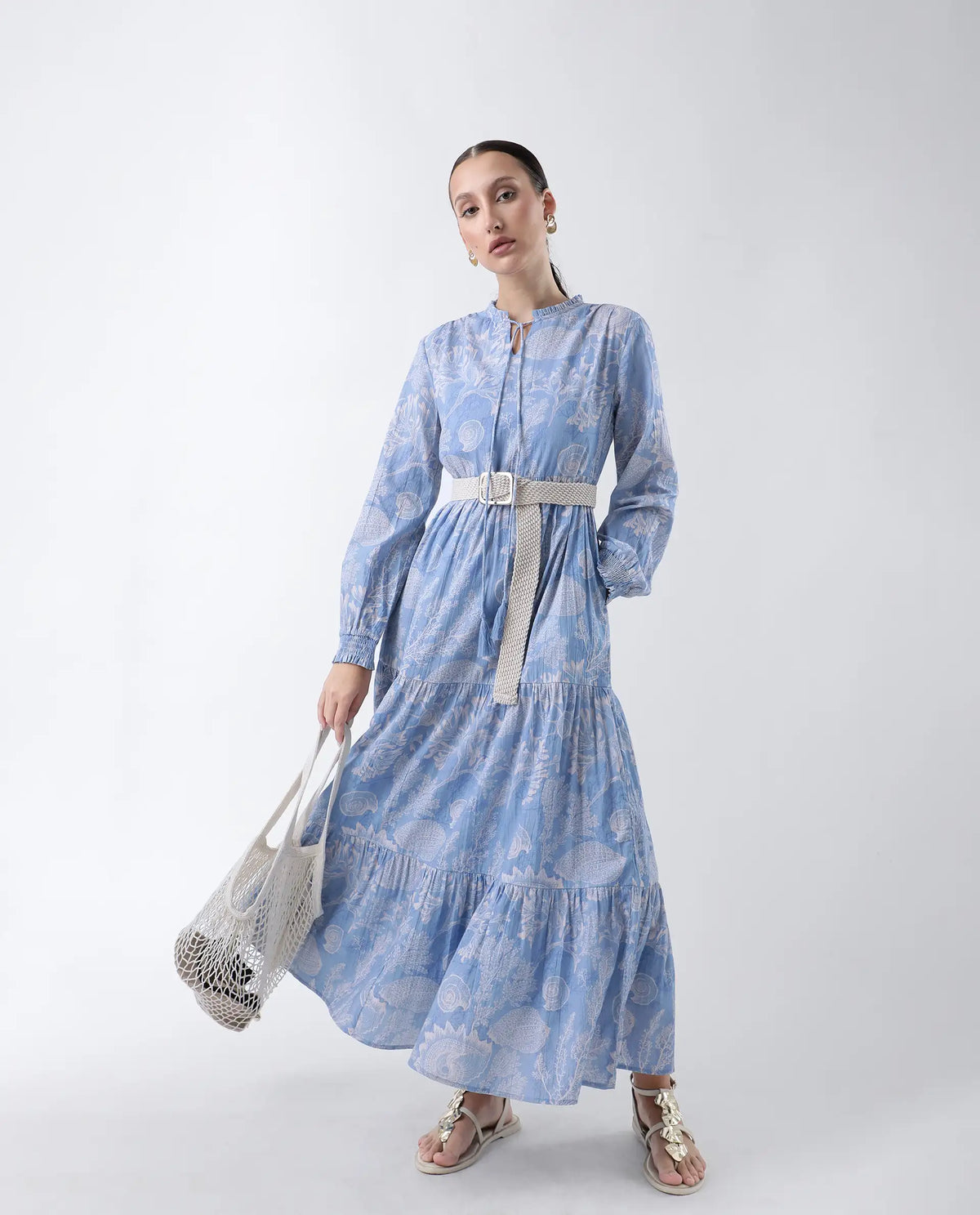 Rareism Women's Prek Purple Cotton Blend Tie-Up Neck Abstract Print Maxi Tiered Dress
