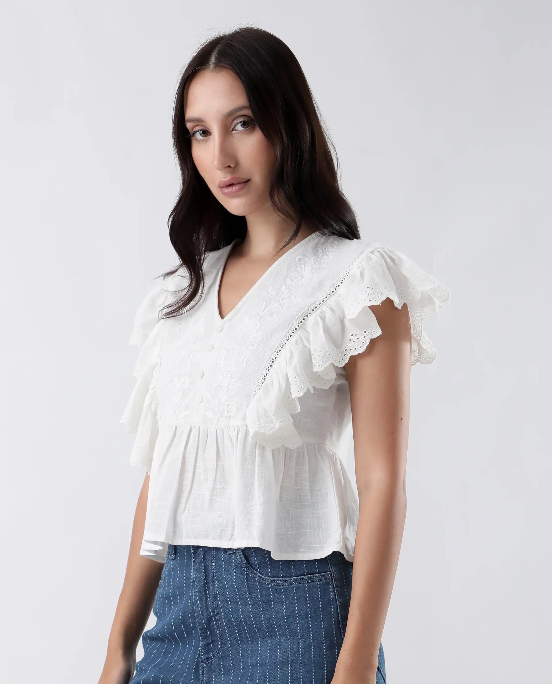 Rareism Women's Preler White Cotton V-Neck Plain Ruffled Sleeve Regular Fit Top