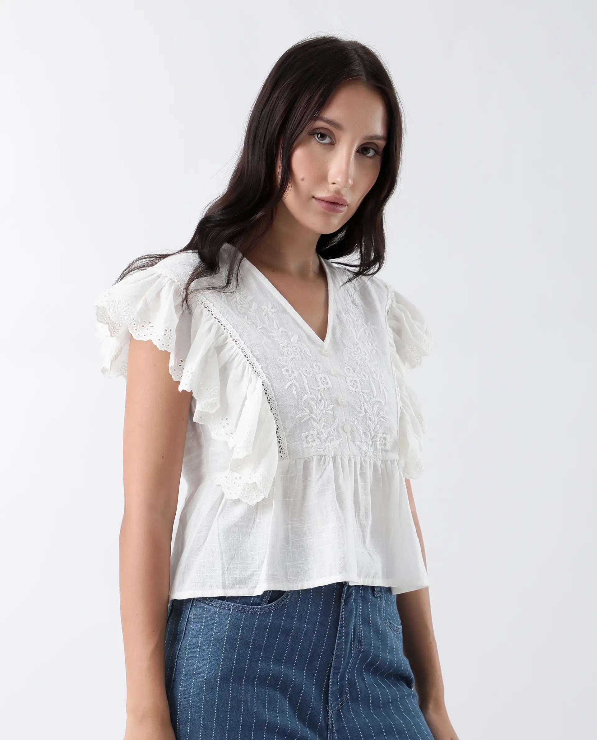 Rareism Women's Preler White Cotton V-Neck Plain Ruffled Sleeve Regular Fit Top