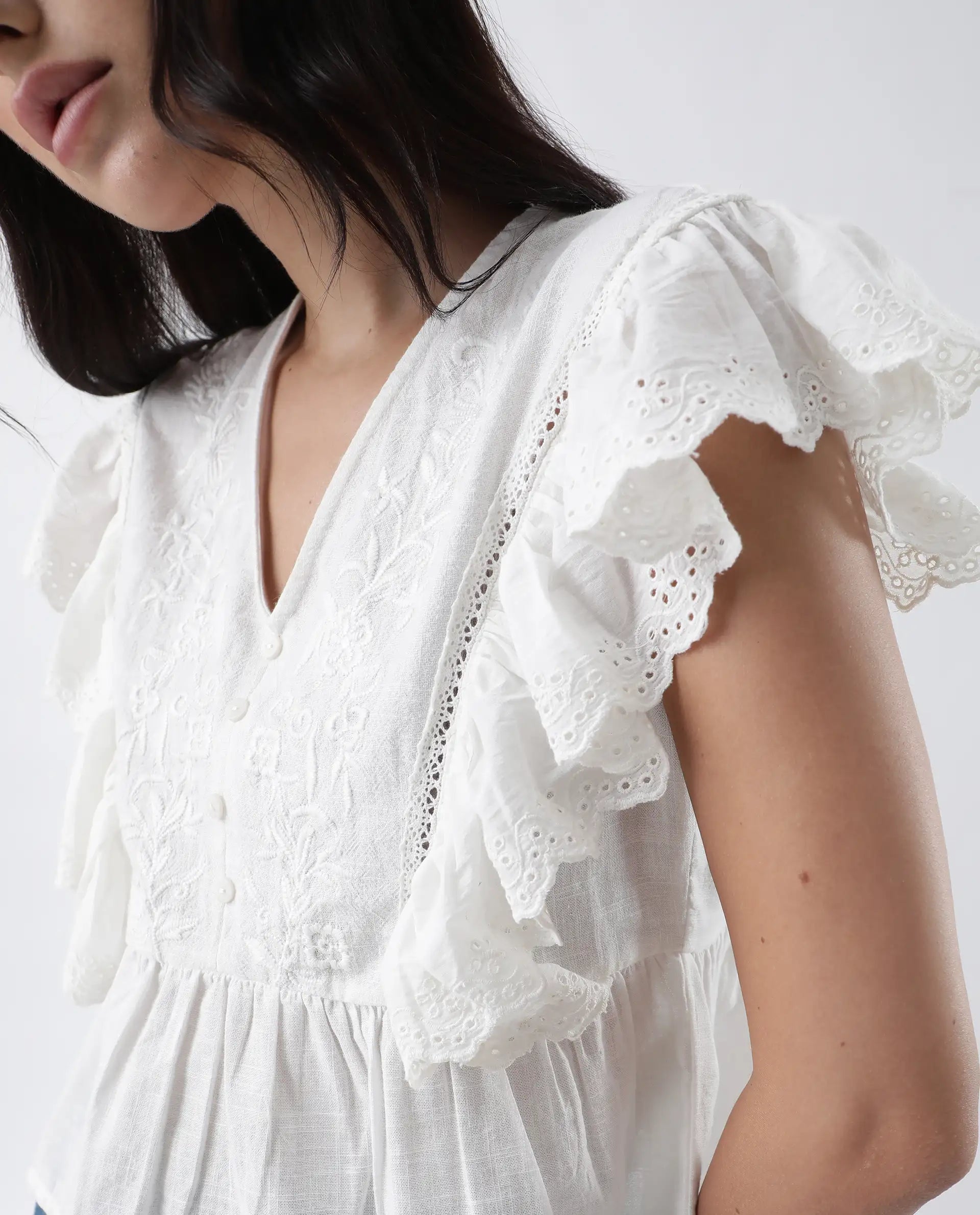 Rareism Women's Preler White Cotton V-Neck Plain Ruffled Sleeve Regular Fit Top