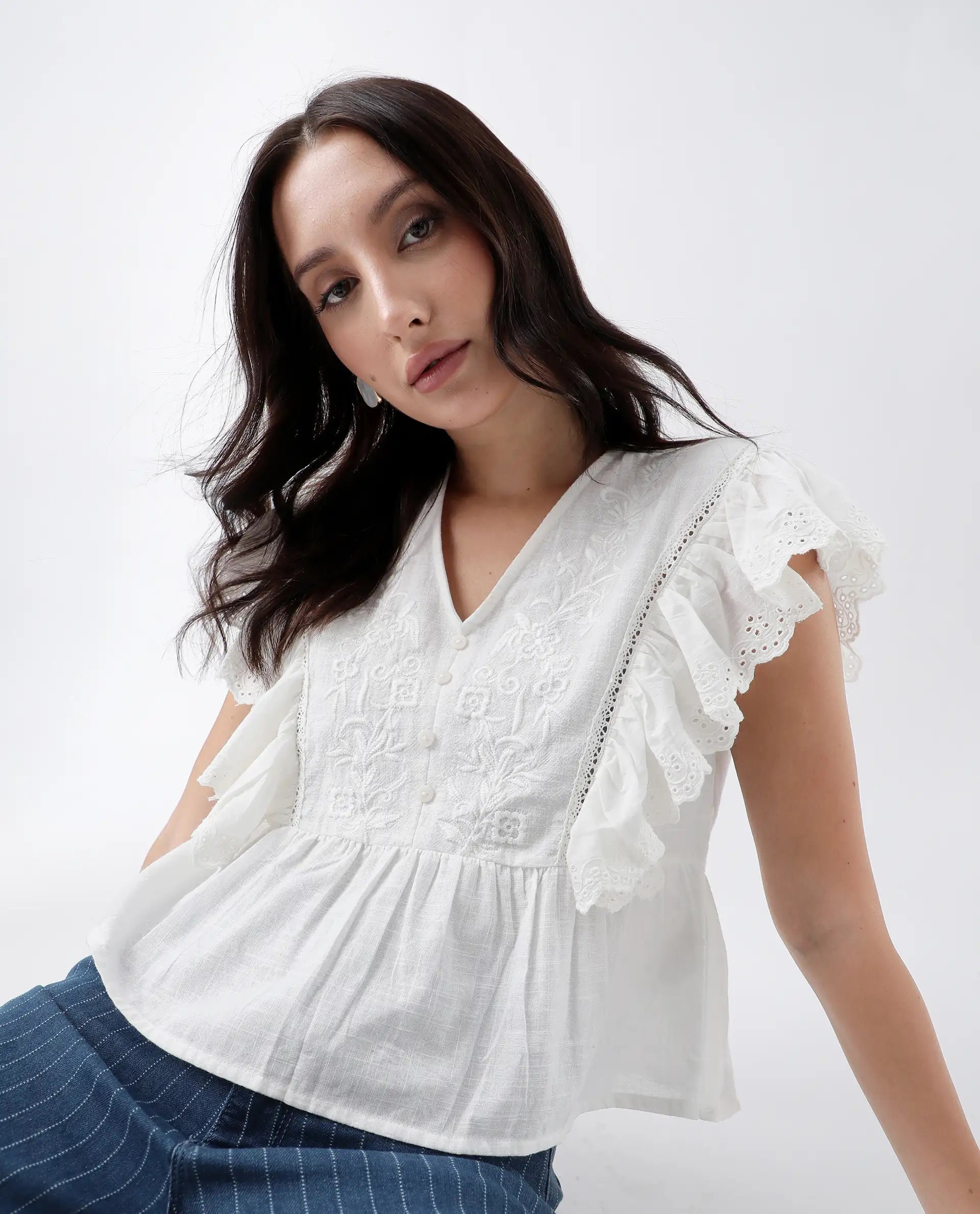 Rareism Women's Preler White Cotton V-Neck Plain Ruffled Sleeve Regular Fit Top
