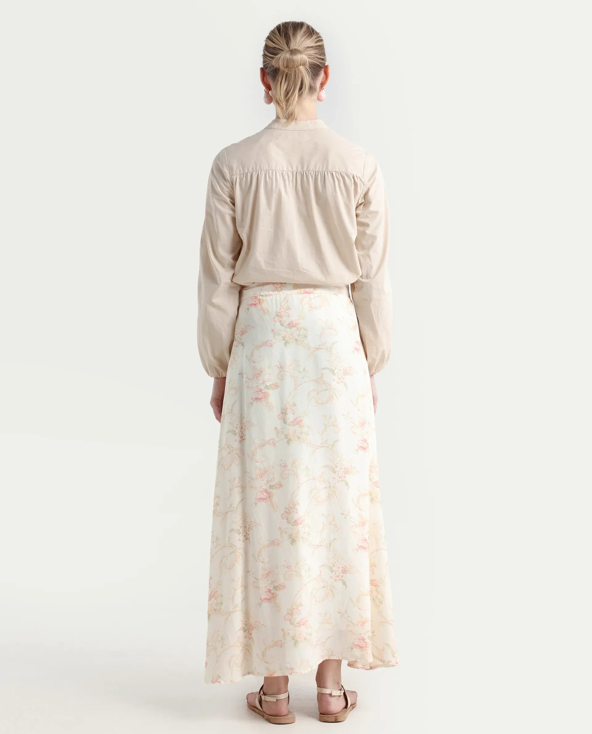 Rareism Women's Prelio Off White Viscose Floral Print Maxi A-Line Skirt