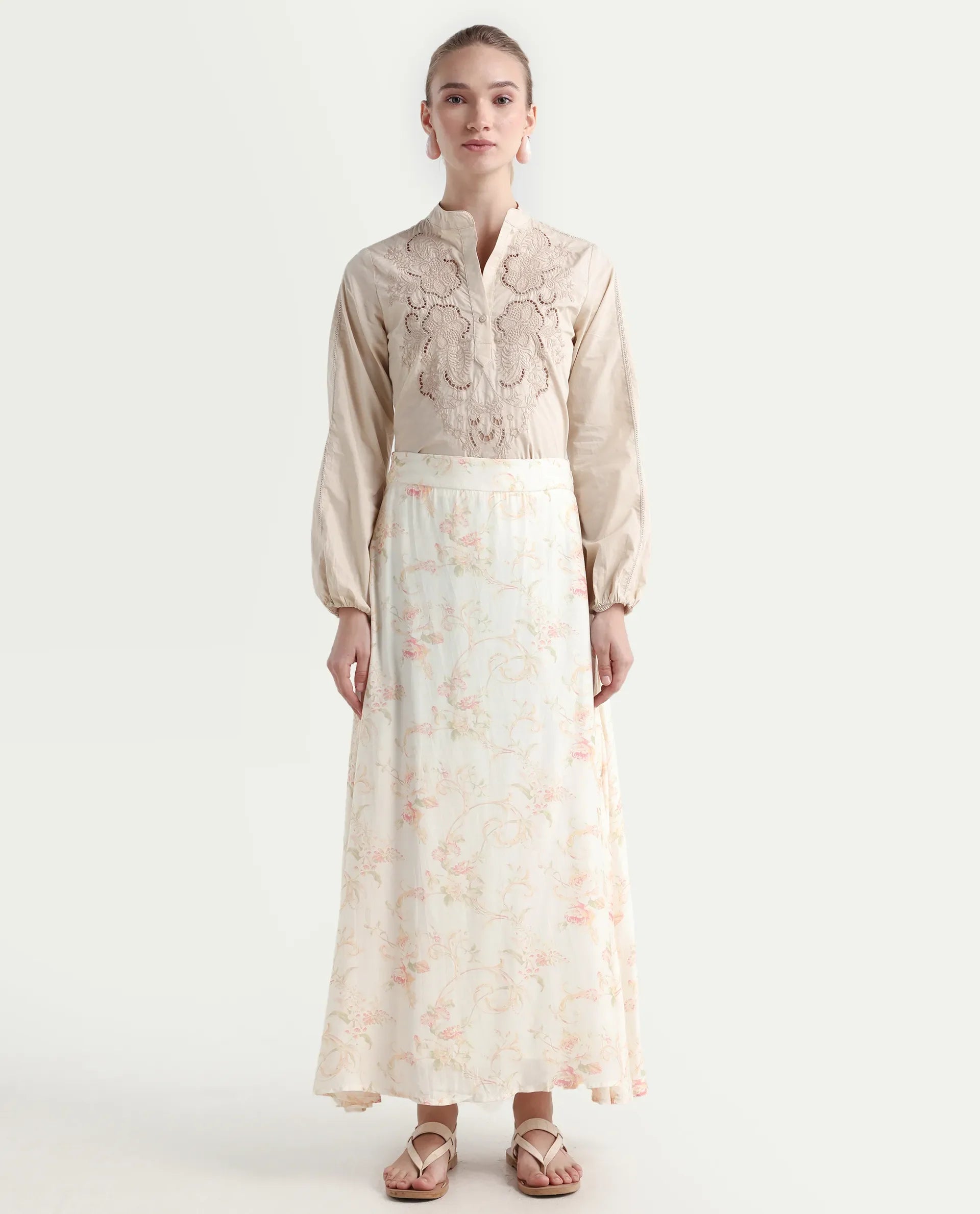 Rareism Women's Prelio Off White Viscose Blend Floral Print Maxi A-Line Skirt