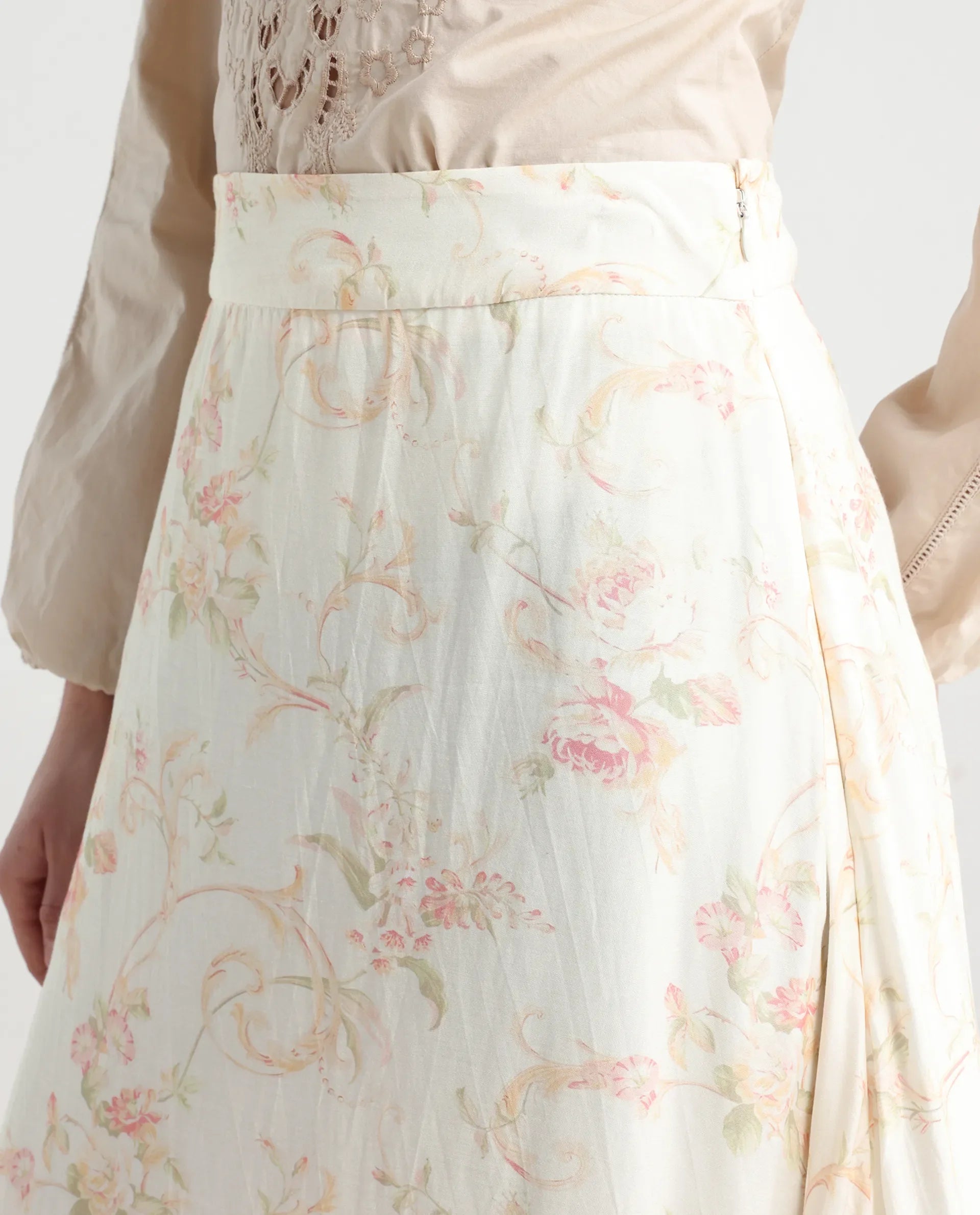 Rareism Women's Prelio Off White Viscose Floral Print Maxi A-Line Skirt
