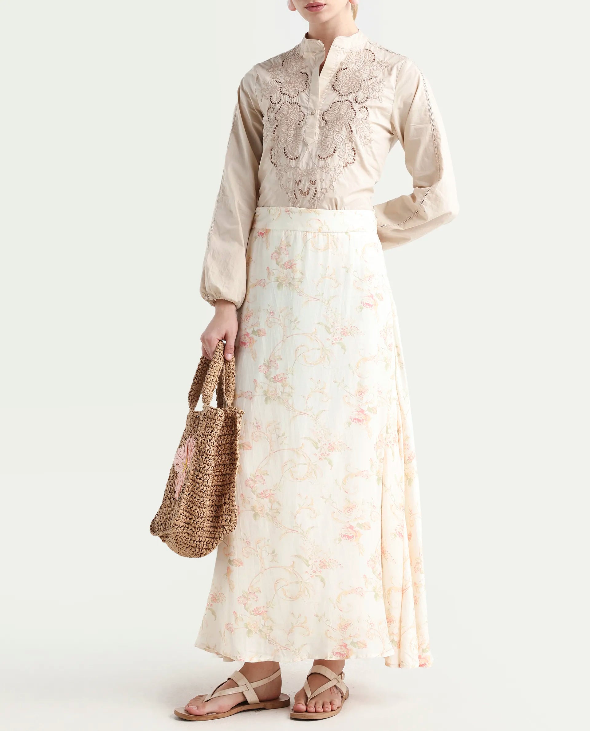 Rareism Women's Prelio Off White Viscose Floral Print Maxi A-Line Skirt