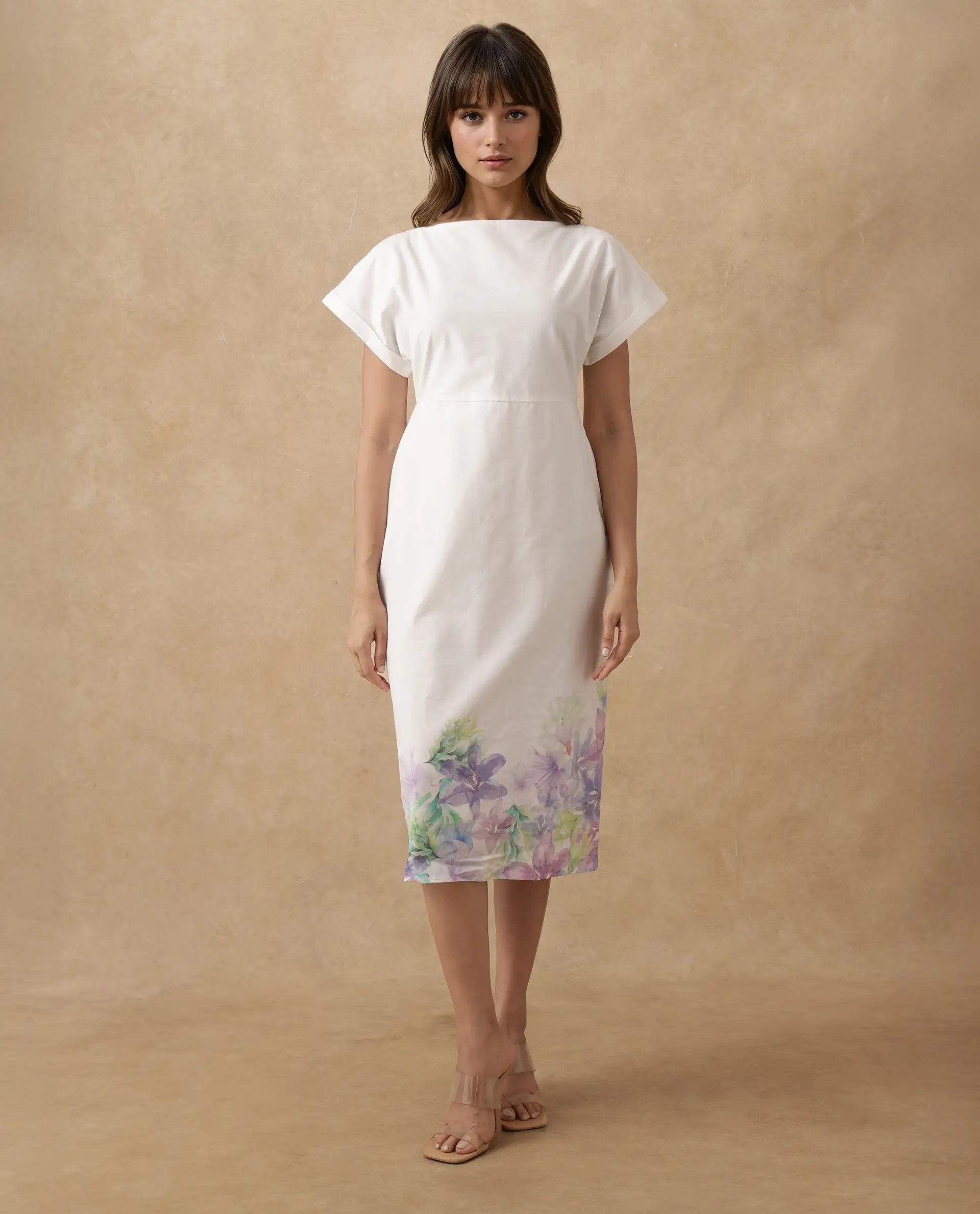 Rareism Women's Prelor White Cotton Boat Neck Floral Print Extended Sleeves Midi Straight Fit Dress