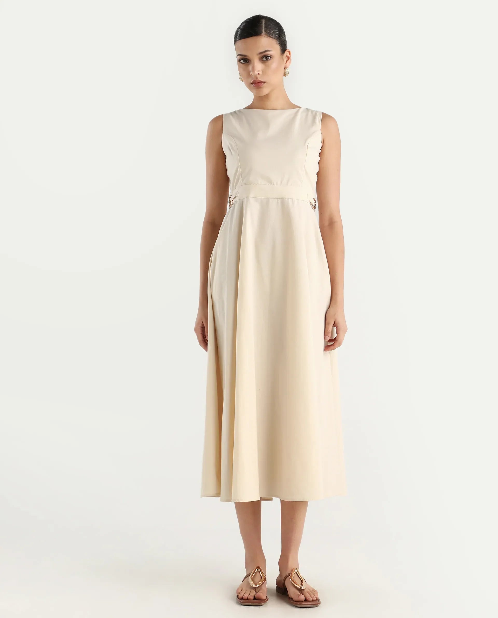 Rareism Women's Prelu Beige Cotton Round Neck Plain Sleeveless Maxi A-Line Dress