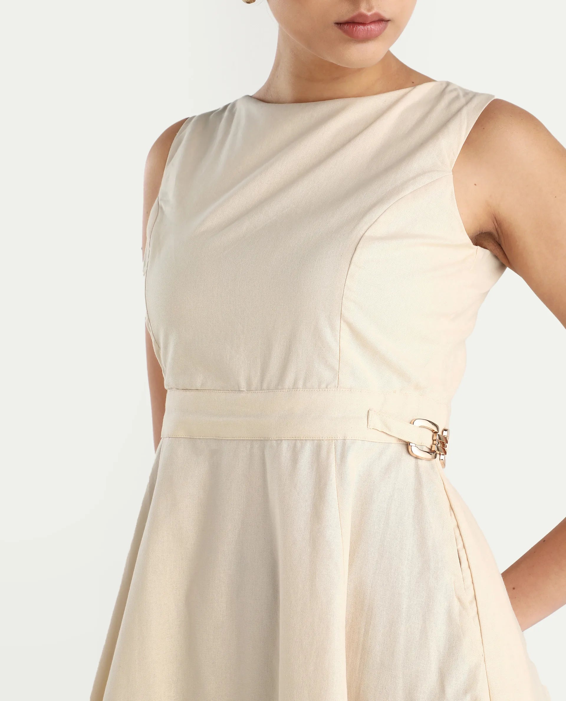 Rareism Women's Prelu Beige Cotton Round Neck Plain Sleeveless Maxi A-Line Dress