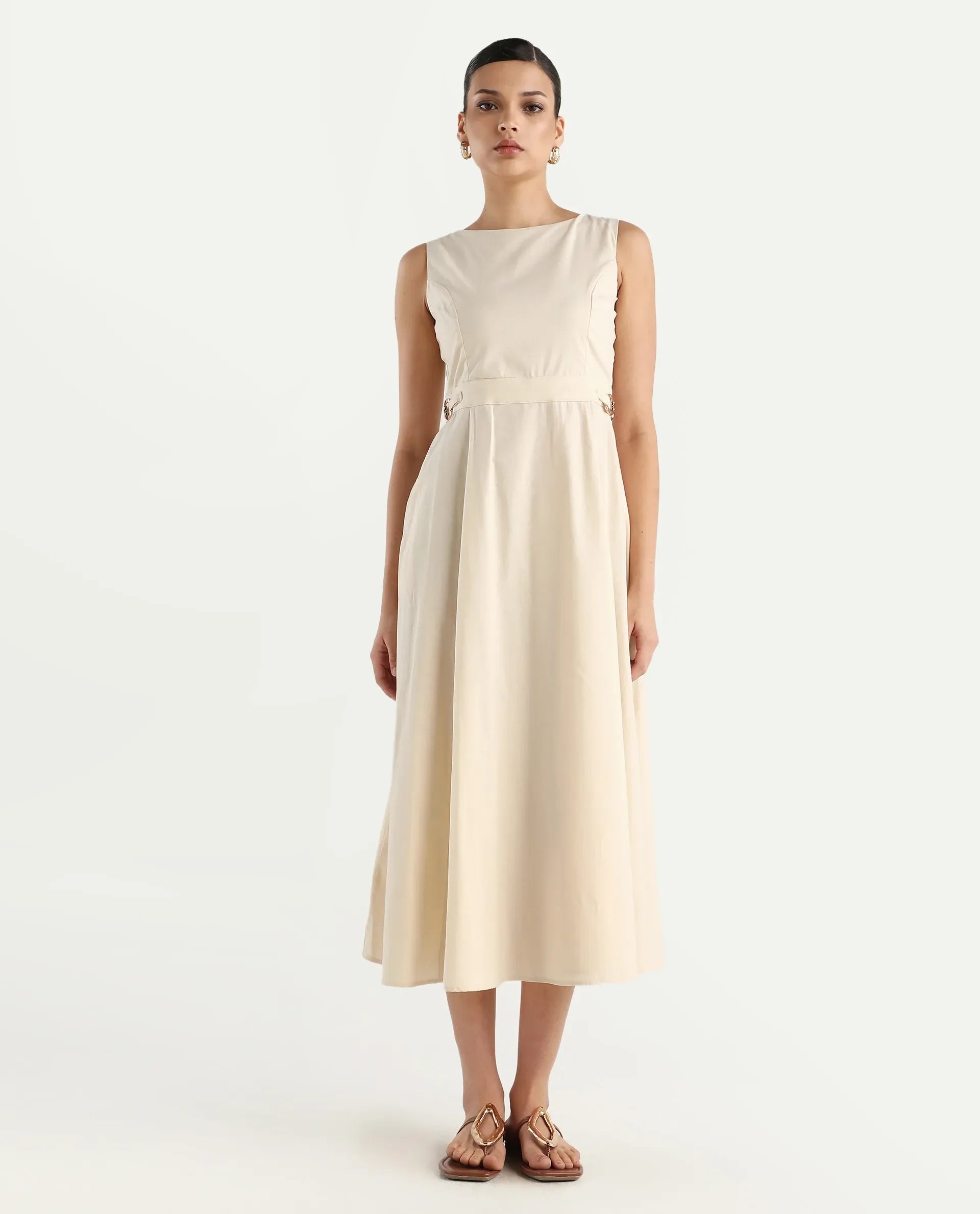 Rareism Women's Prelu Beige Cotton Round Neck Plain Sleeveless Maxi A-Line Dress