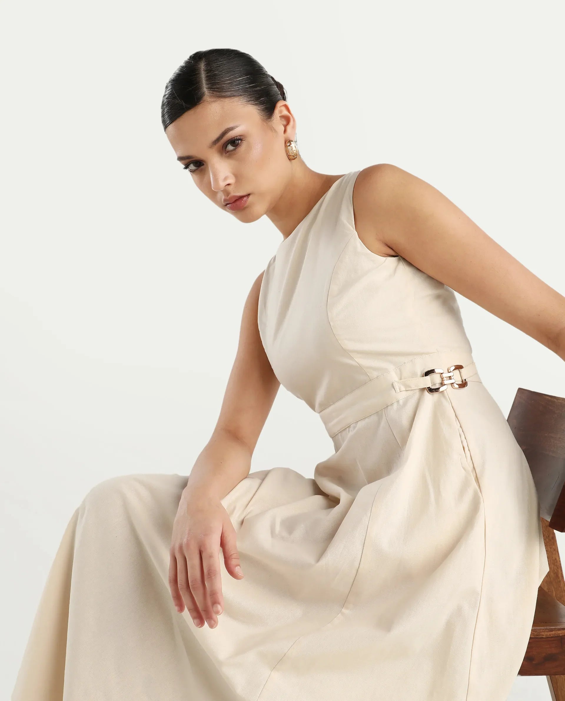 Rareism Women's Prelu Beige Cotton Round Neck Plain Sleeveless Maxi A-Line Dress