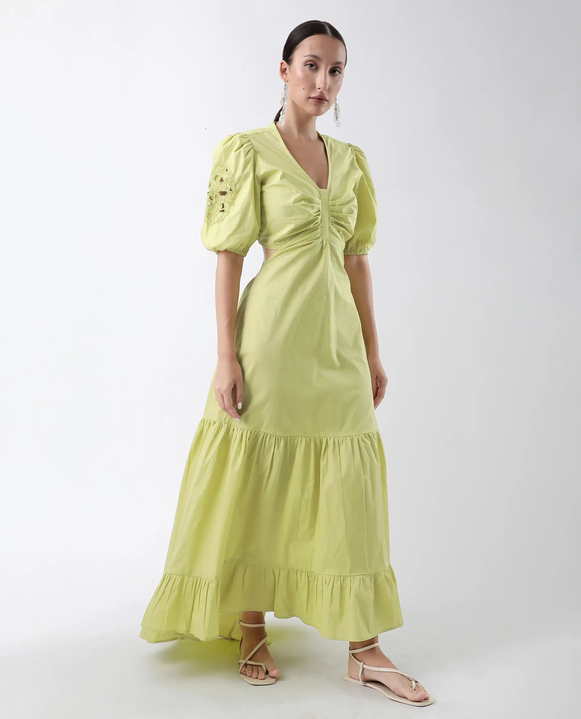 Rareism Women's Premier Green Cotton V-Neck Plain Puff Sleeves Maxi Fit And Flare Dress