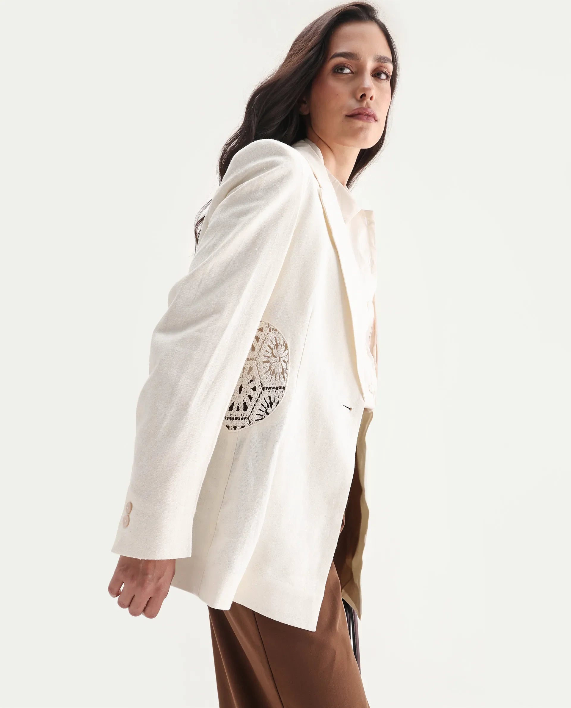 Rareism Women's Prender Off White Linen Lapel Neck Regular Fit Plain Blazer