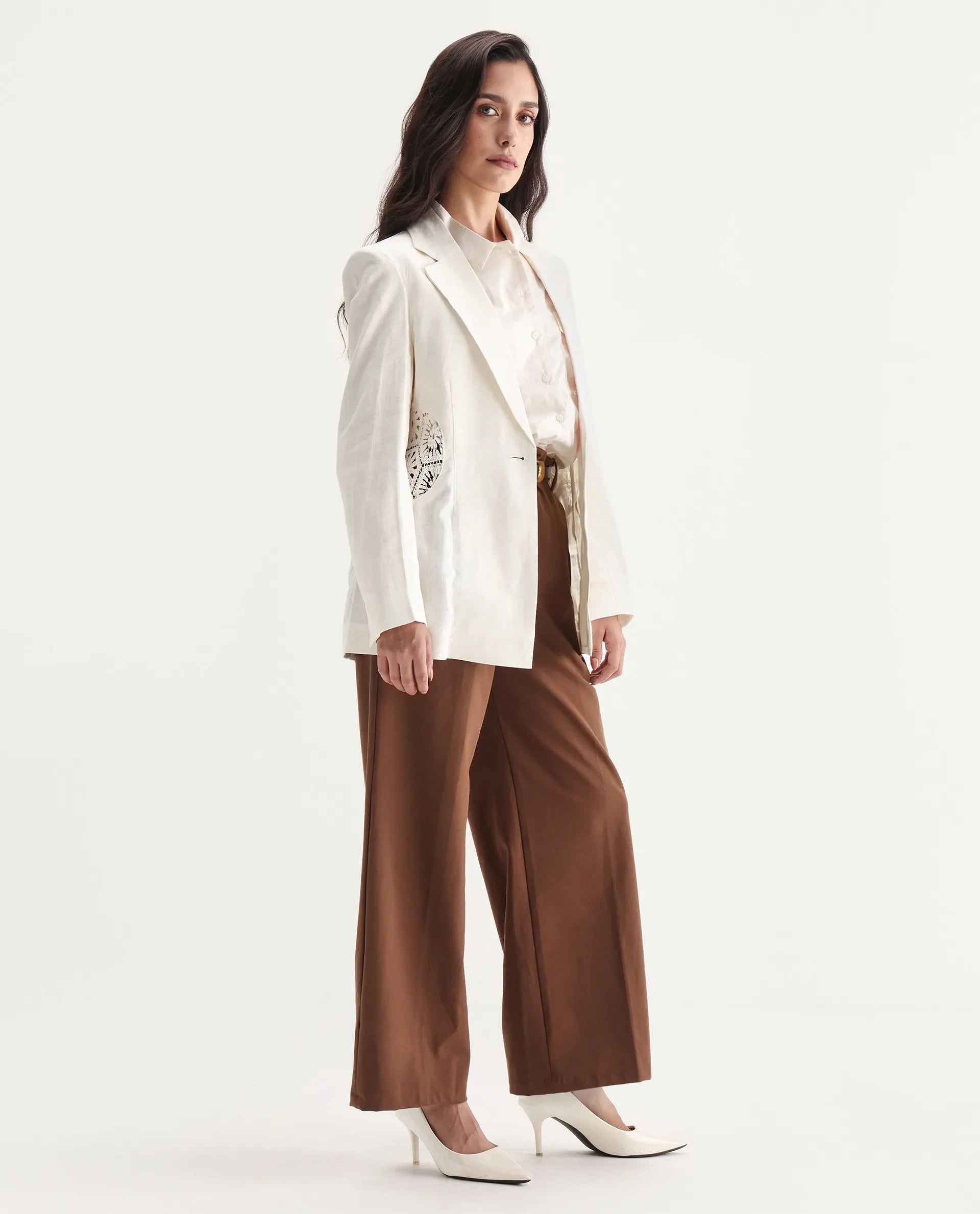 Rareism Women's Prender Off White Linen Lapel Neck Regular Fit Plain Blazer