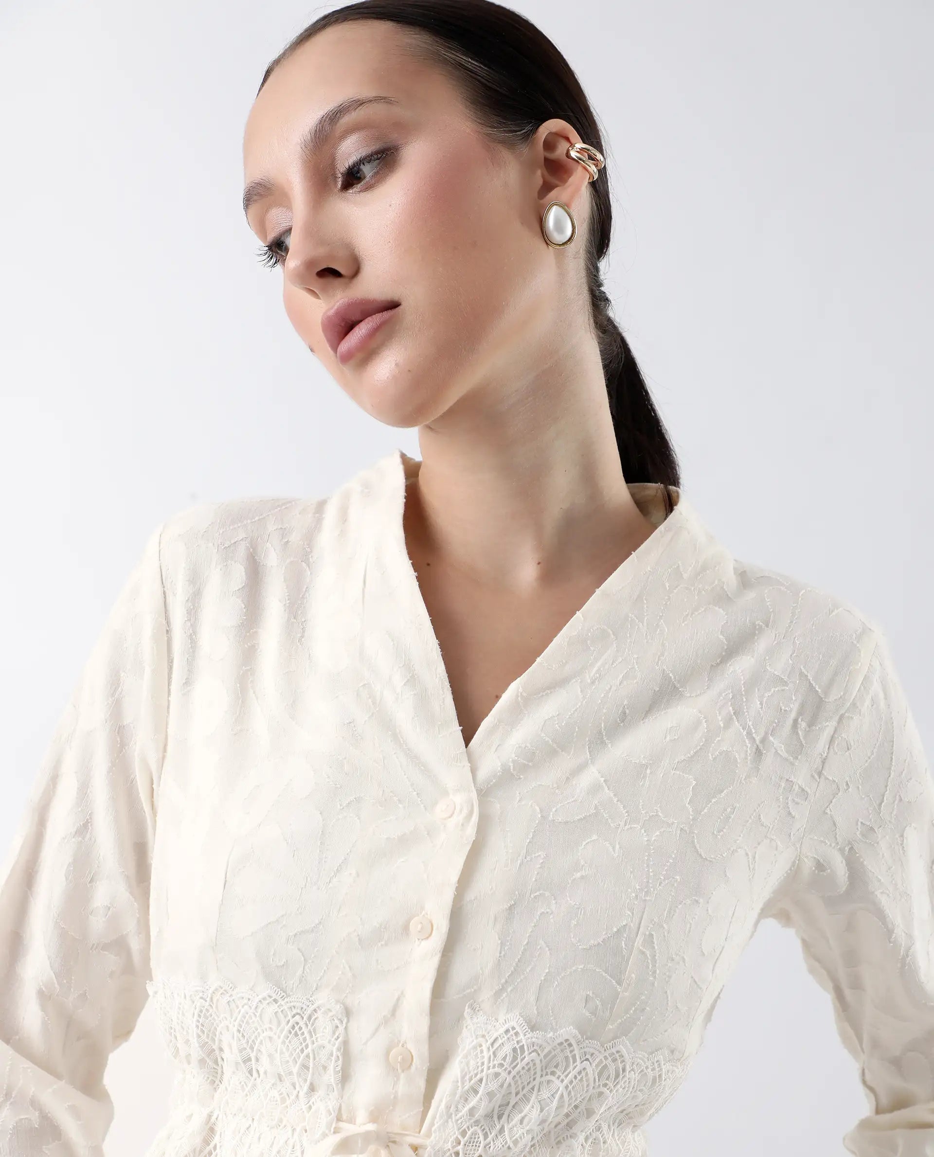 Rareism Women's Prenick Off White Cotton Built-Up Neck Plain Cuffed Sleeve Regular Fit Top