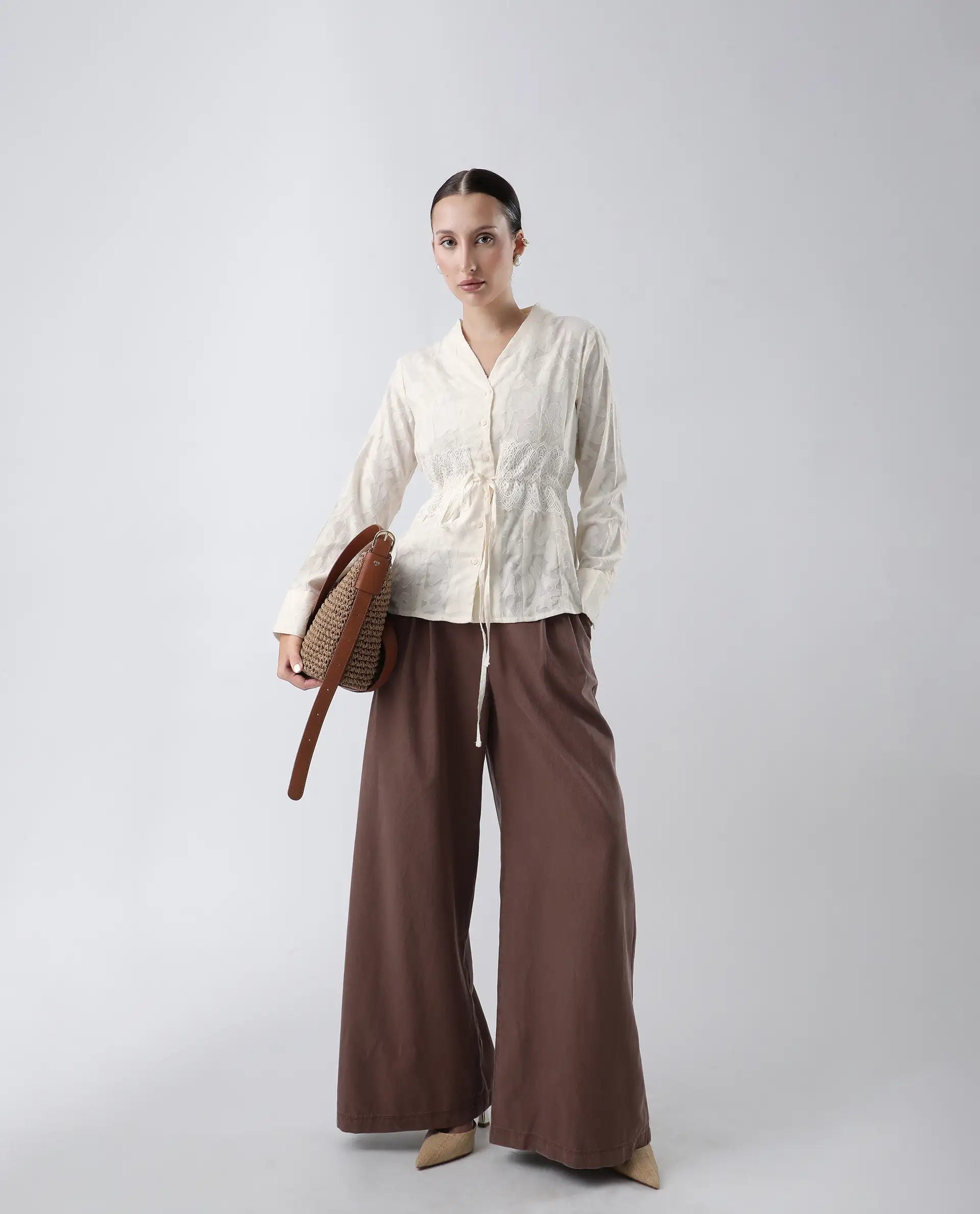 Rareism Women's Prenick Off White Cotton Built-Up Neck Plain Cuffed Sleeve Regular Fit Top