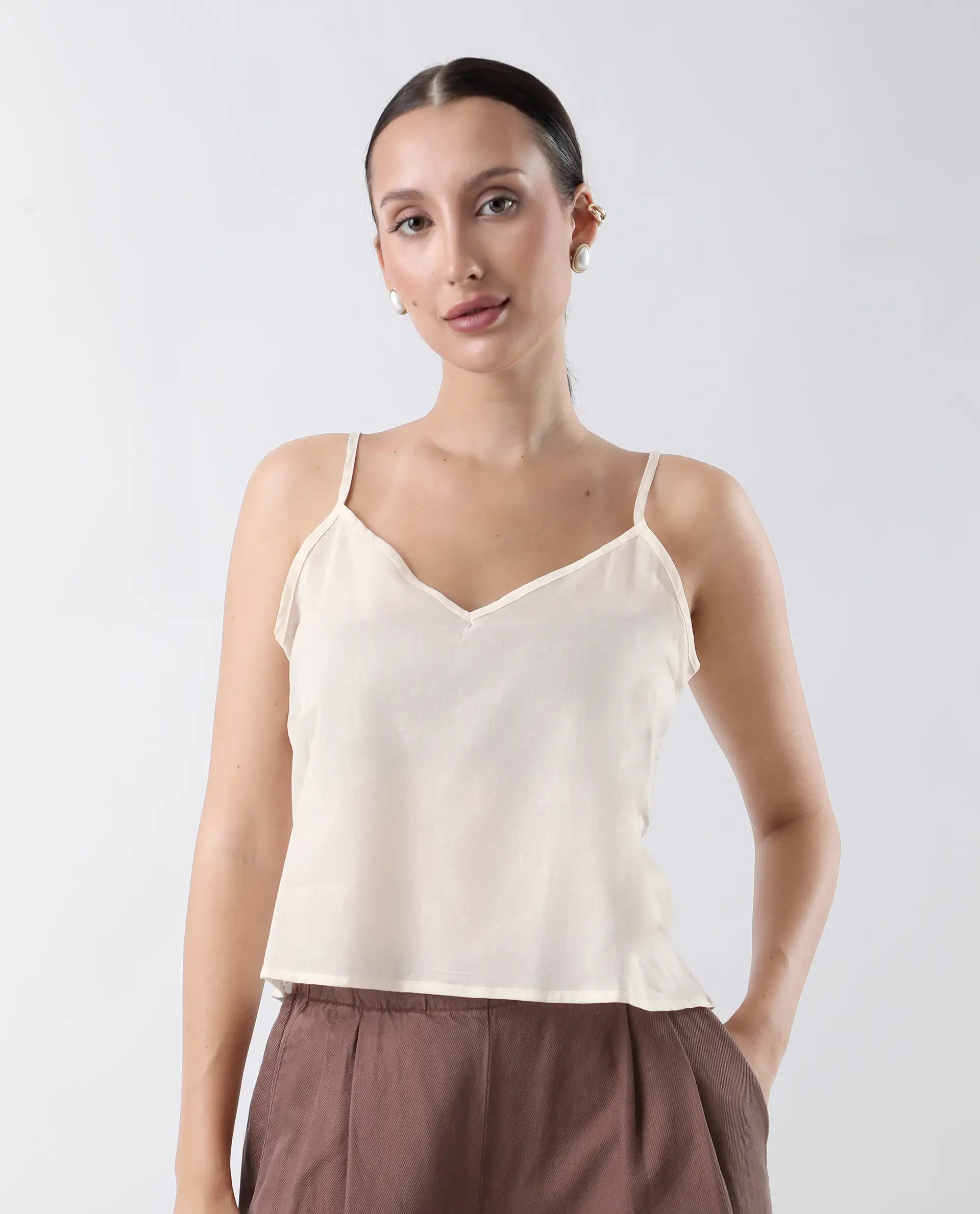 Rareism Women's Prenick Off White Cotton Built-Up Neck Plain Cuffed Sleeve Regular Fit Top