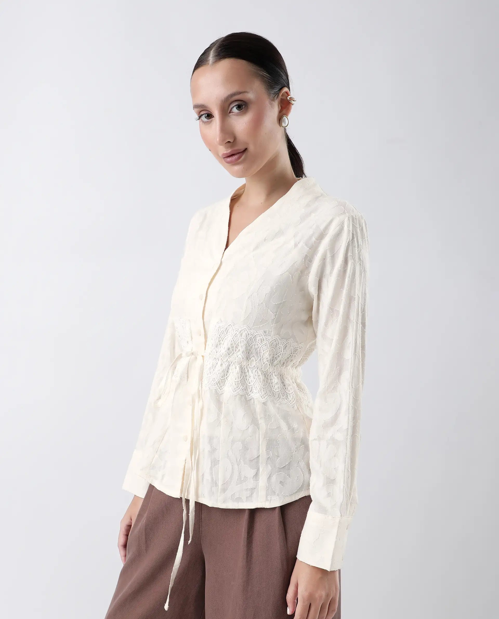 Rareism Women's Prenick Off White Cotton Built-Up Neck Plain Cuffed Sleeve Regular Fit Top