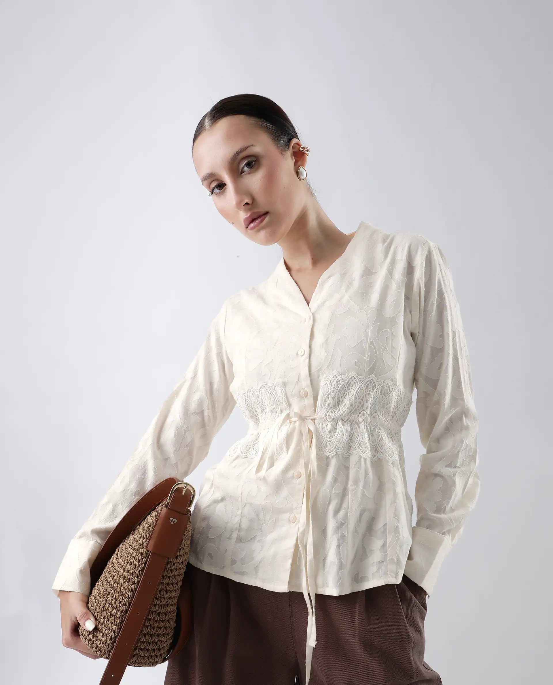 Rareism Women's Prenick Off White Cotton Built-Up Neck Plain Cuffed Sleeve Regular Fit Top