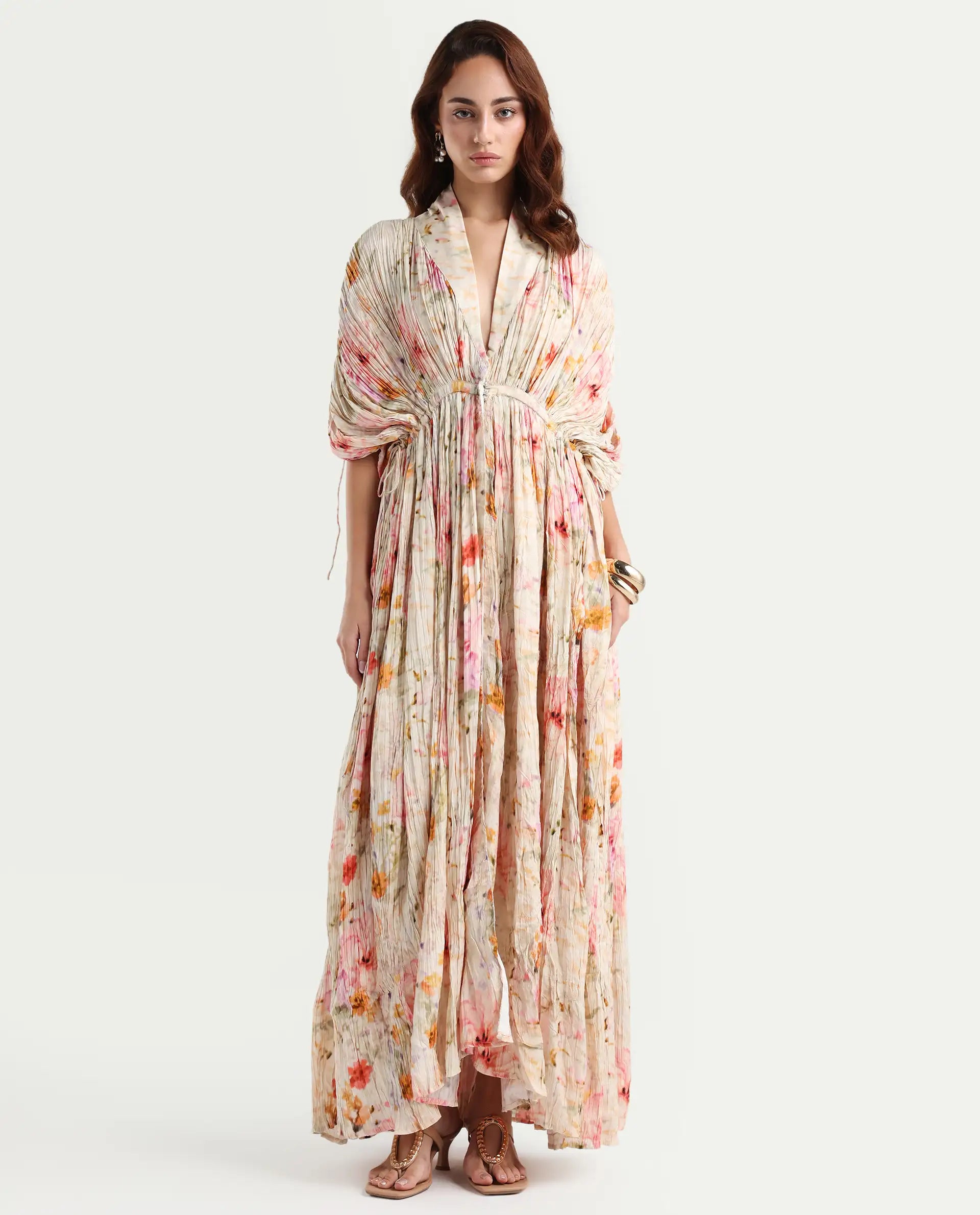 Rareism Women's Prenok Multi Viscose V-Neck Floral Print Kimono Sleeve Maxi Straight Fit Dress