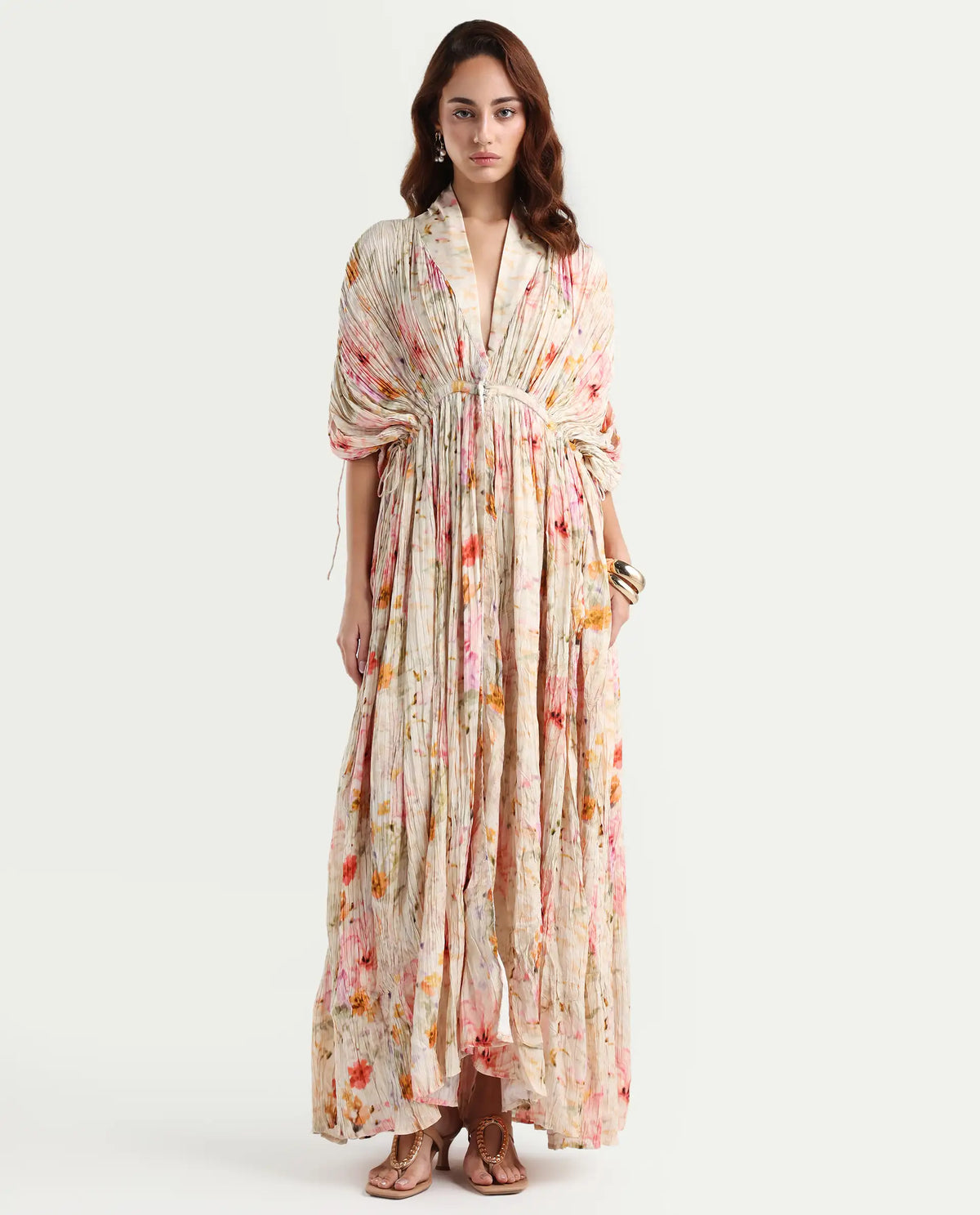 Rareism Women's Prenok Multi Viscose V-Neck Floral Print Kimono Sleeve Maxi Straight Fit Dress