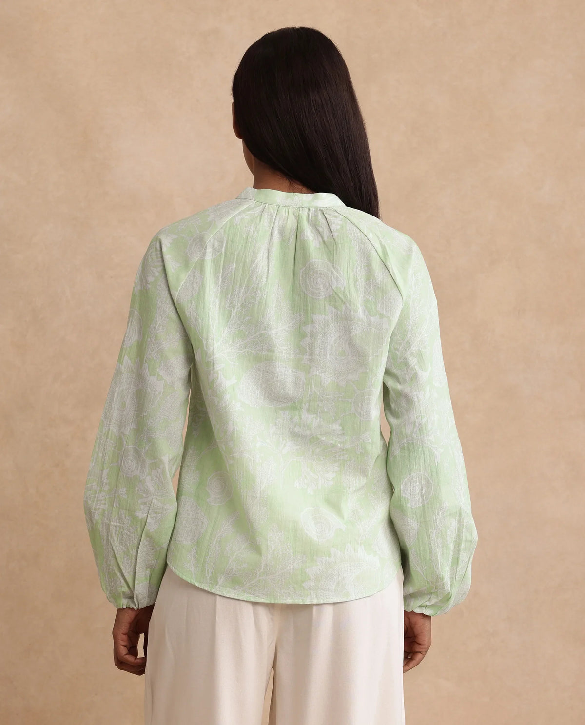 Rareism Women's Prenser Green Cotton Spread Collar Abstract Print Raglan Sleeve Relaxed Fit Top