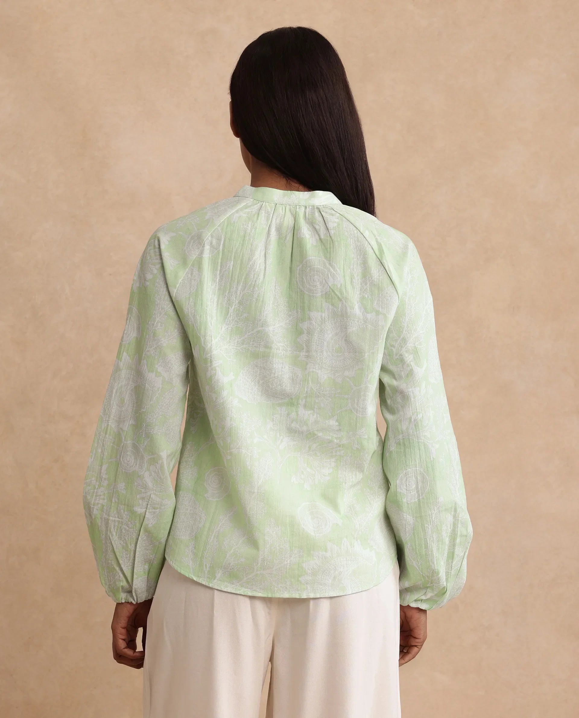 Rareism Women's Prenser Green Cotton Spread Collar Abstract Print Raglan Sleeve Relaxed Fit Top