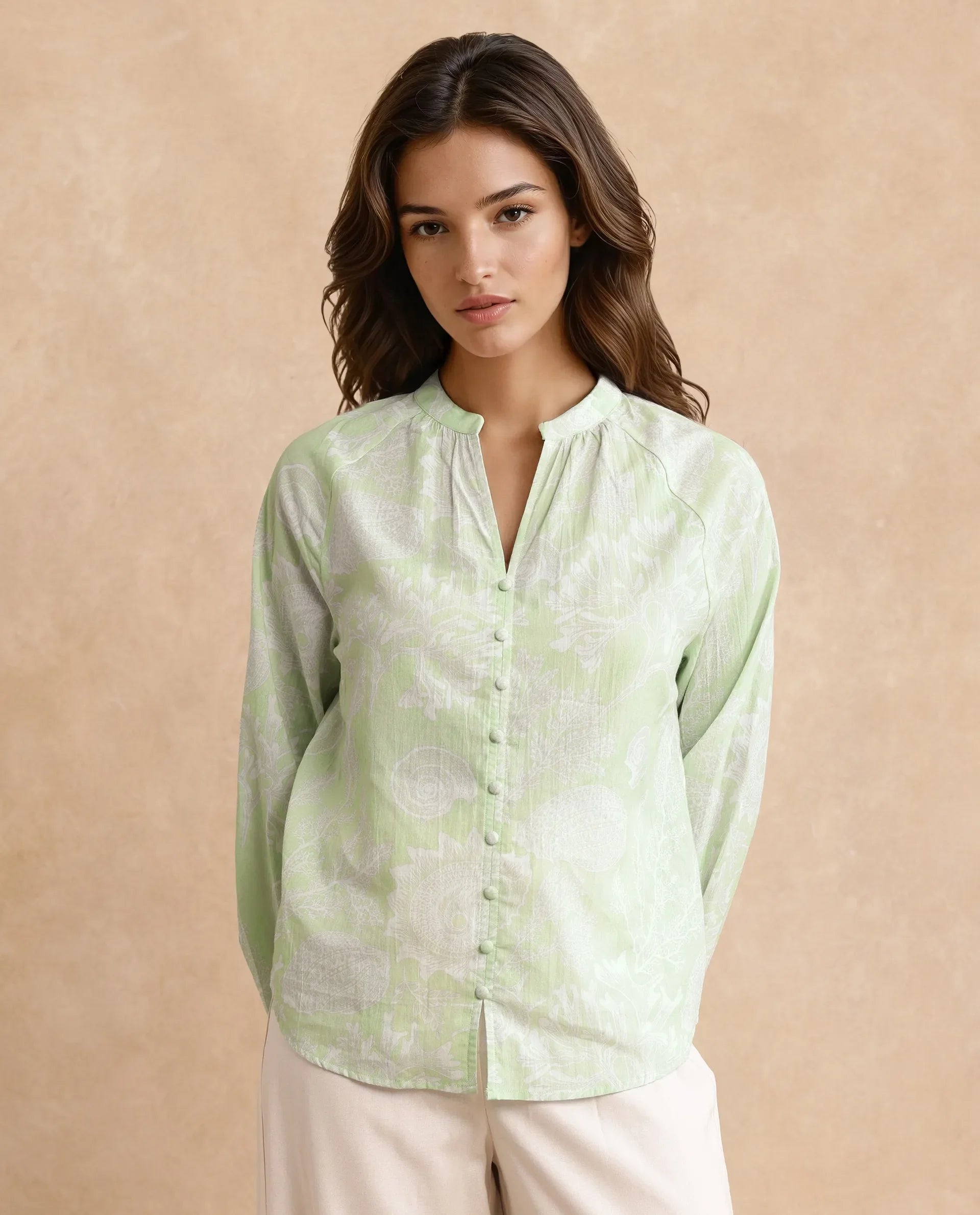 Rareism Women's Prenser Green Cotton Spread Collar Abstract Print Raglan Sleeve Relaxed Fit Top