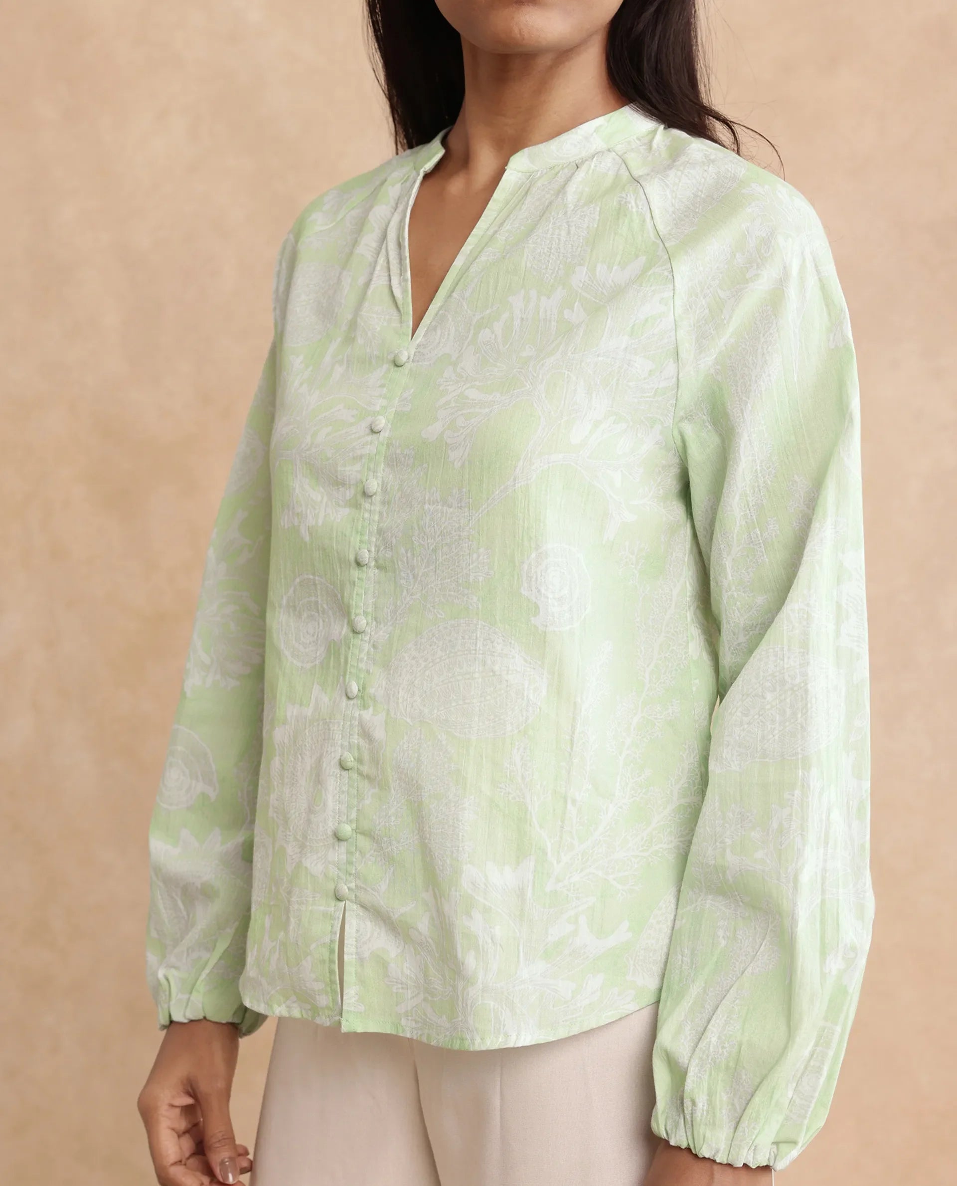 Rareism Women's Prenser Green Cotton Spread Collar Abstract Print Raglan Sleeve Relaxed Fit Top