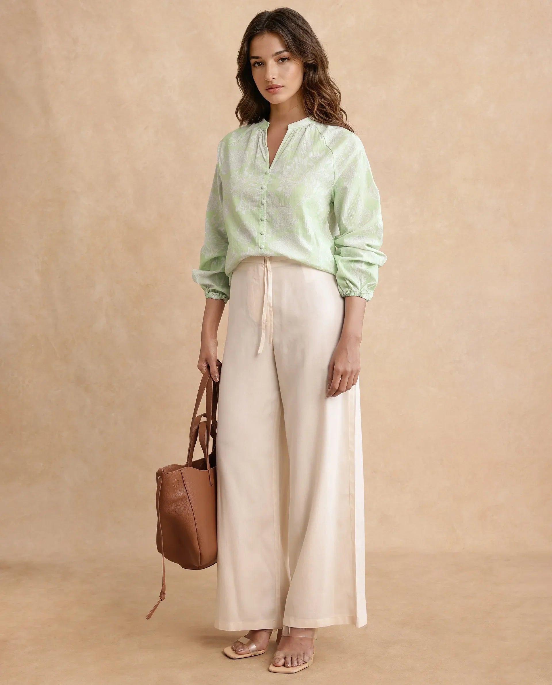 Rareism Women's Prenser Green Cotton Spread Collar Abstract Print Raglan Sleeve Relaxed Fit Top